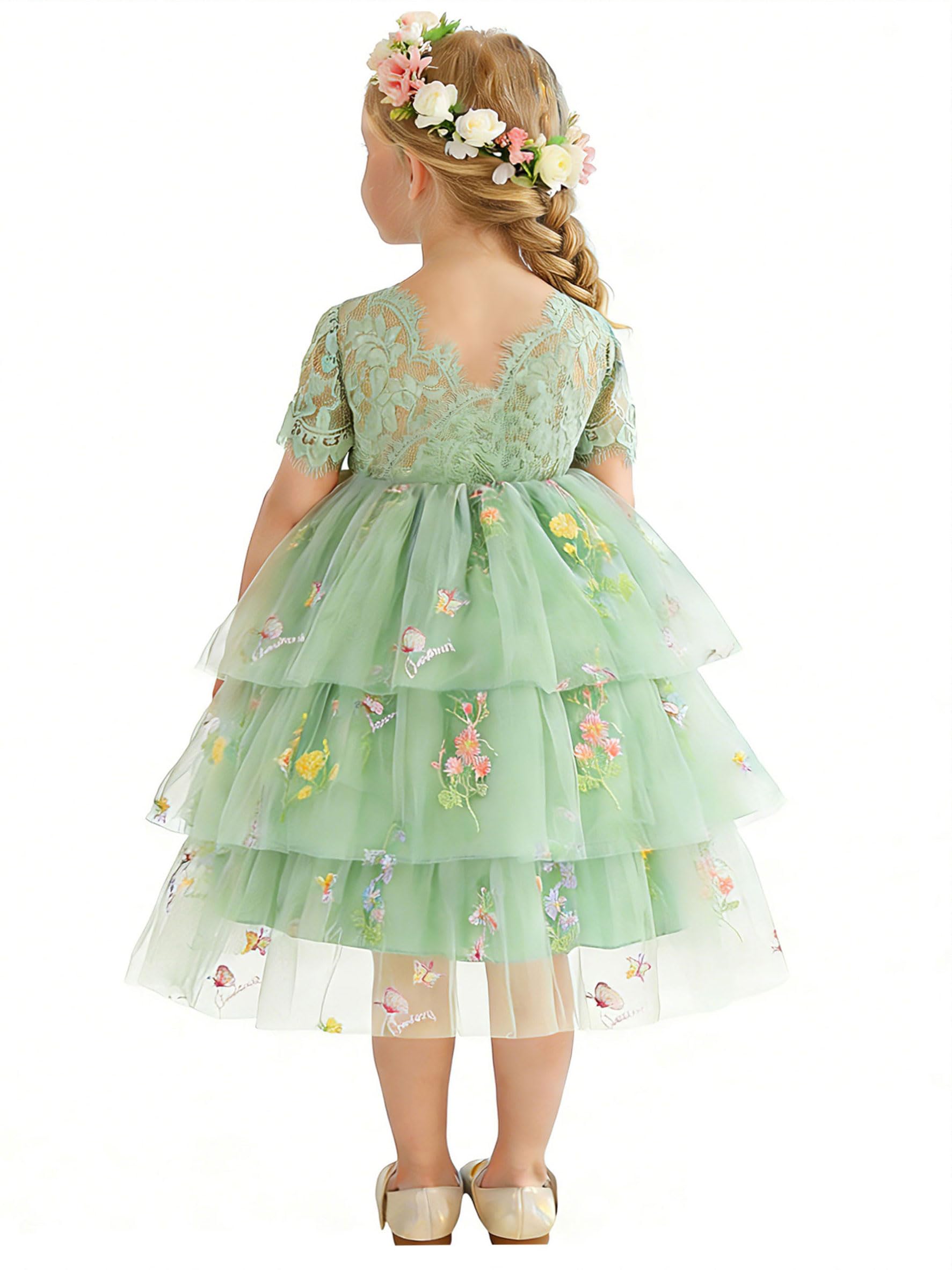 ZOEREA Mädchenkleid Spitze V-Rückenausschnitt Kleid Mädchen Festlich Blumenstickerei Tüllkleid Hochzeit Blumenmädchenkleider 2-8 Jahre
