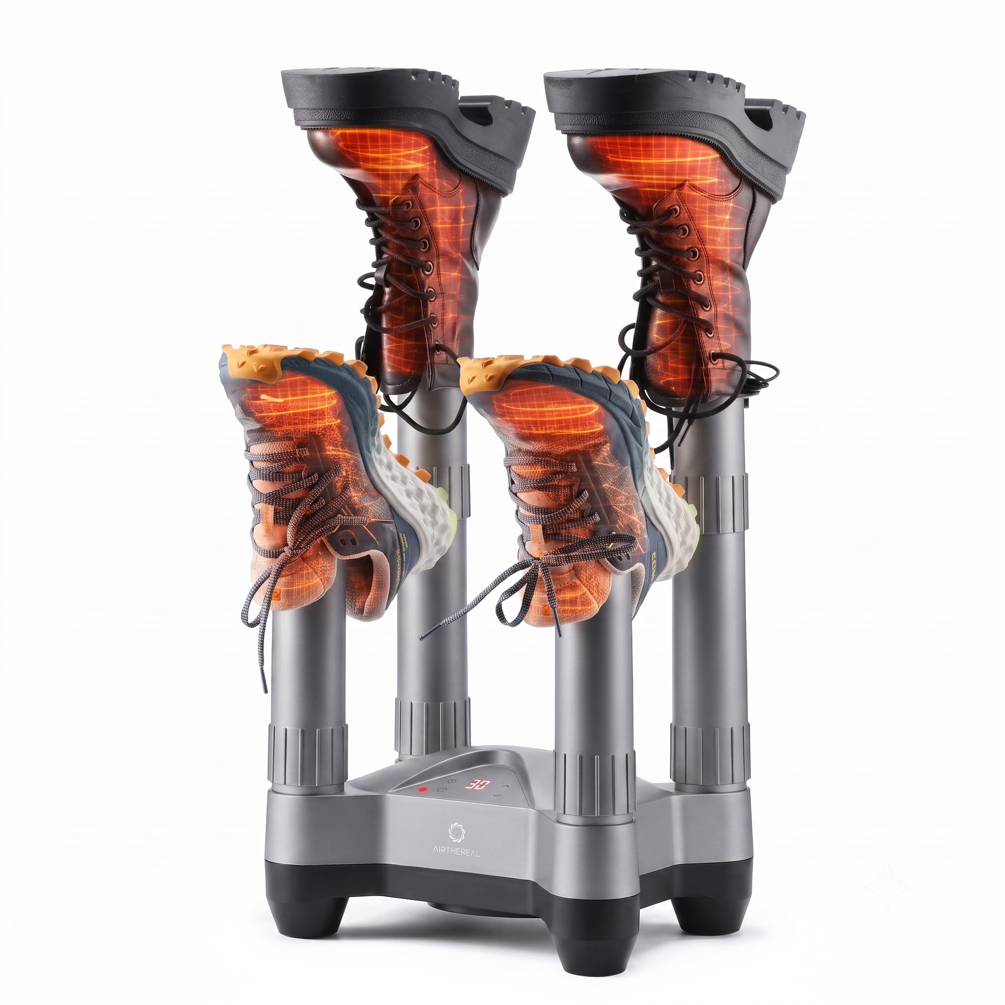 AIRTHEREAL SD20 Elektrischer Schuhtrockner mit Timer & Ozon-Desinfektion | 110W Warmluft für 2 Paar | Teleskop-Stiefeltrockner für Skistiefel, Arbeitsschuhe, Sneaker & Handschuhe | Grau
