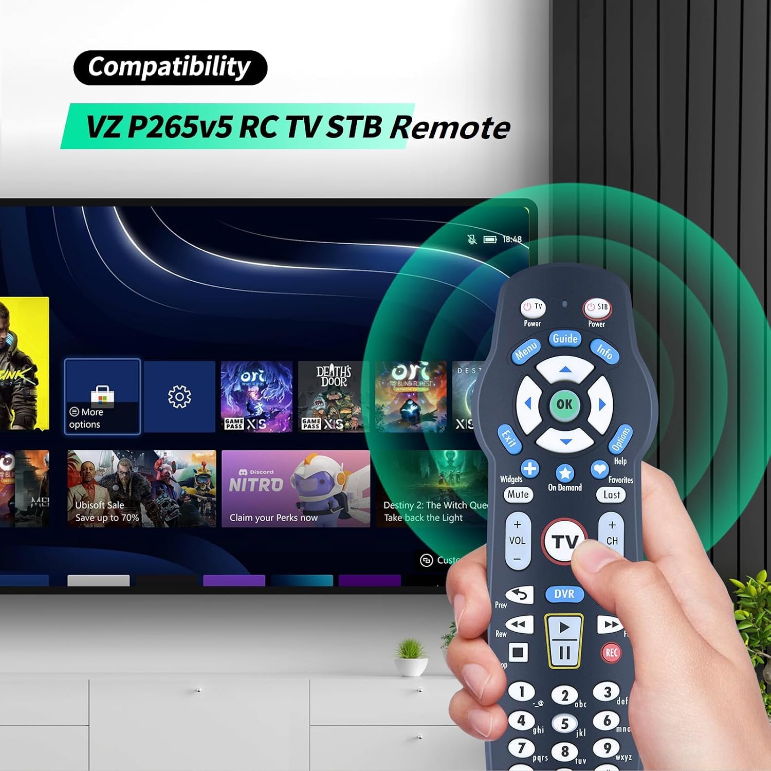 WDZP P265v5 Remote Control in hand, showing compatibility with a TV screen