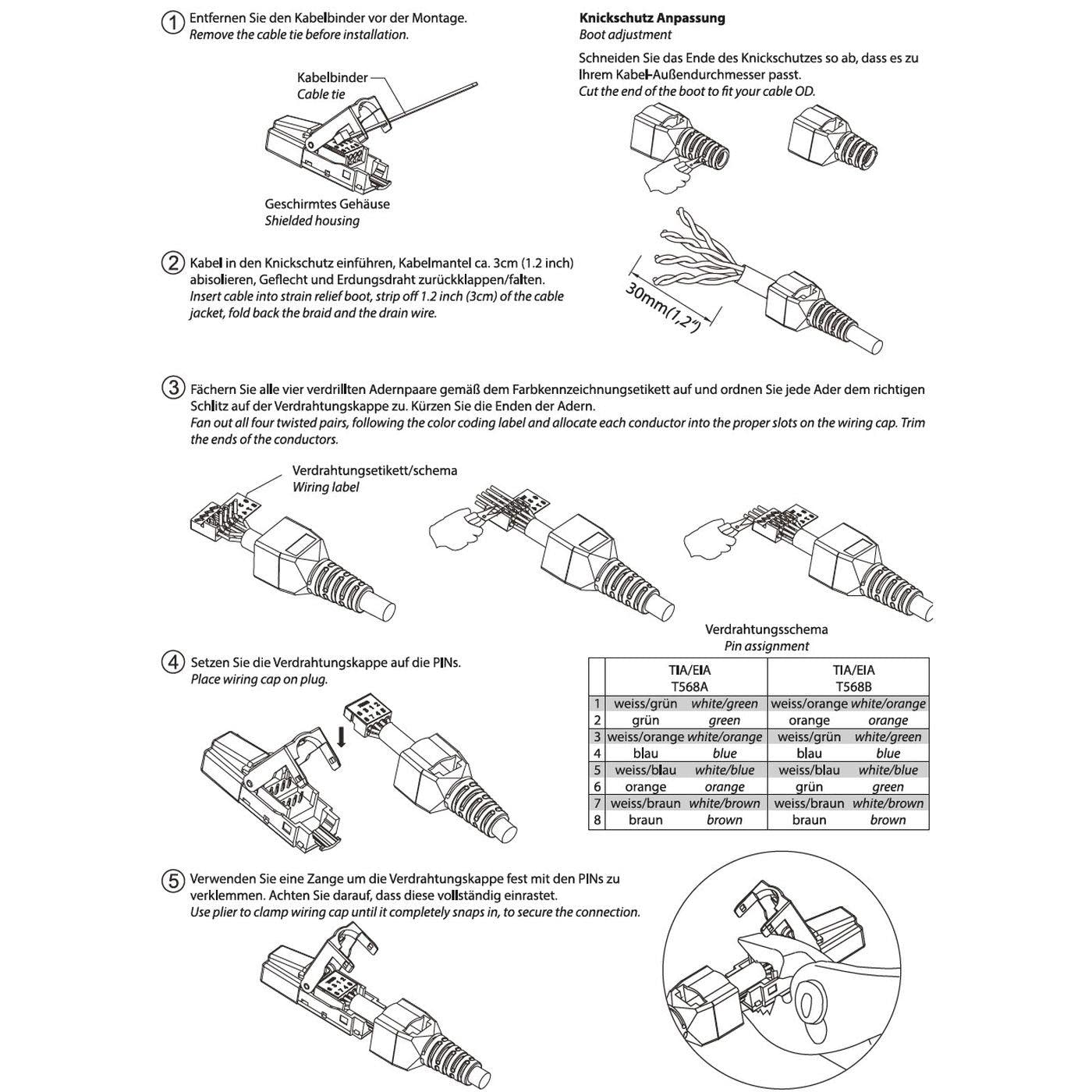 Lumonic 20x Connettore di rete RJ45 in metallo senza attrezzi | Con scarico della trazione e contatti dorati I Connettore a crimpare per cavi di rete LAN CAT5 CAT6A CAT7