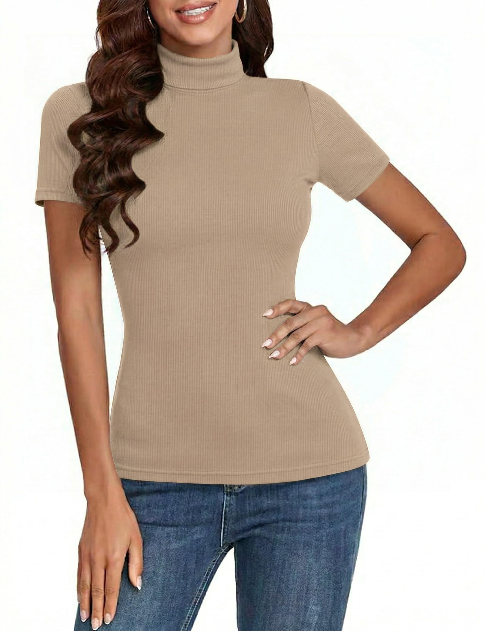 Totatuit Damen T-Shirt Kurzarm Gerippt Slim Fit Oberteile Elegant Basic Sommer Casual Stretch Tshirt mit Stehkragen Rollkragenshirt Tops S-XXL