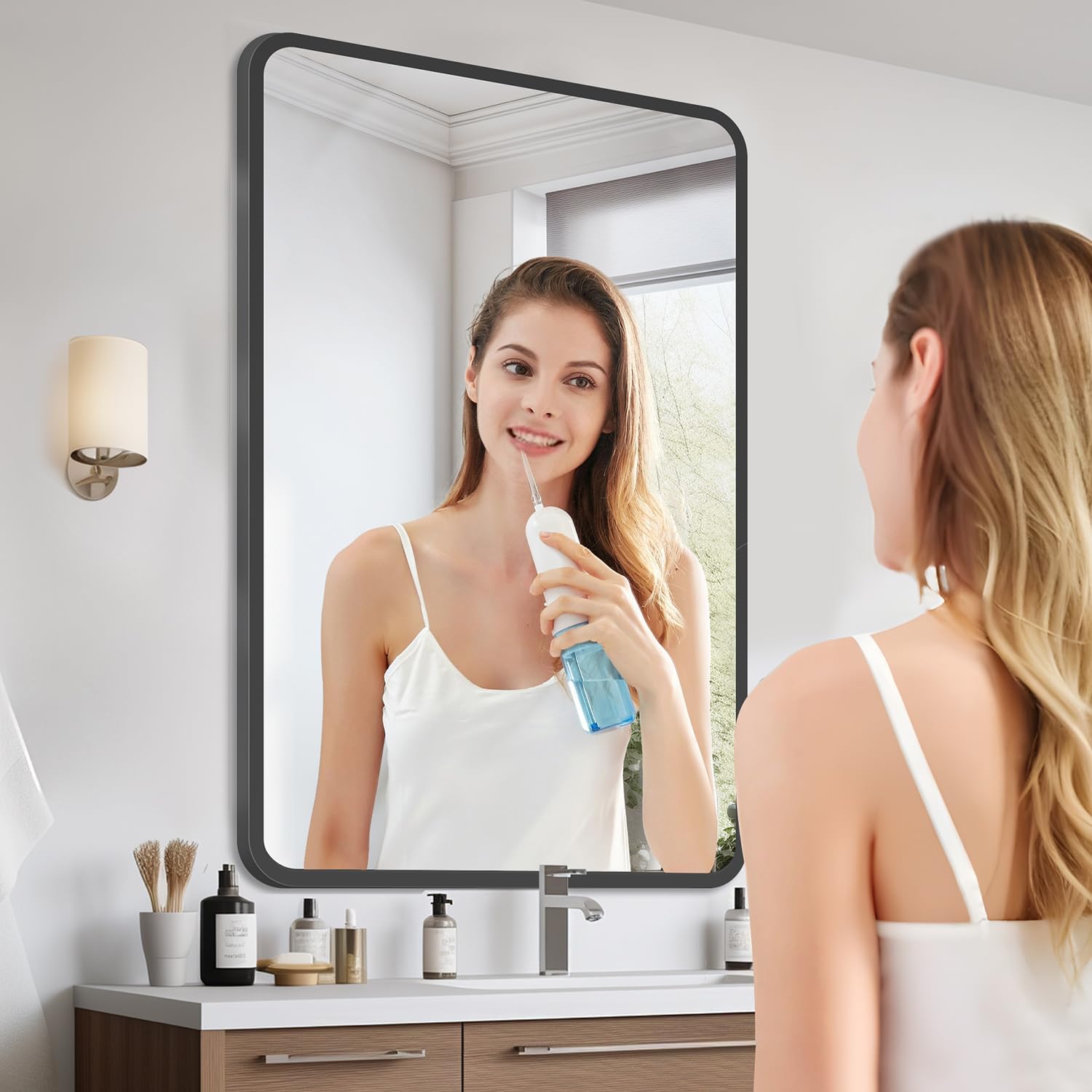 36x24 Inch Bathroom Mirror, Matte Framed Rectangle Wall Mirror, Bathroom Mirrors for Over Sink, Restroom, Farmhouse, Anti-Rust, Tempered Glass, Horizontally or Vertically Hanging -Black