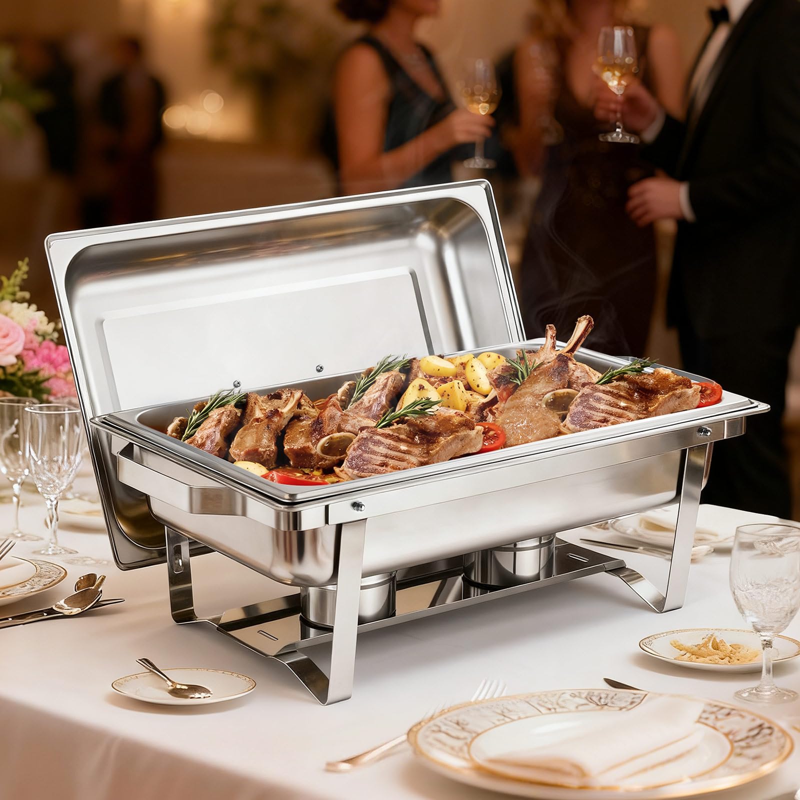 VEVOR Set di Scaldavivande Rettangolari da 8,5 L 6 Pezzi, Contenitori Riscaldanti per Buffet con Manico e 3 Pinze per Alimenti e Coperchio e Porta Combustibile, Adatti per Banchetti, Feste