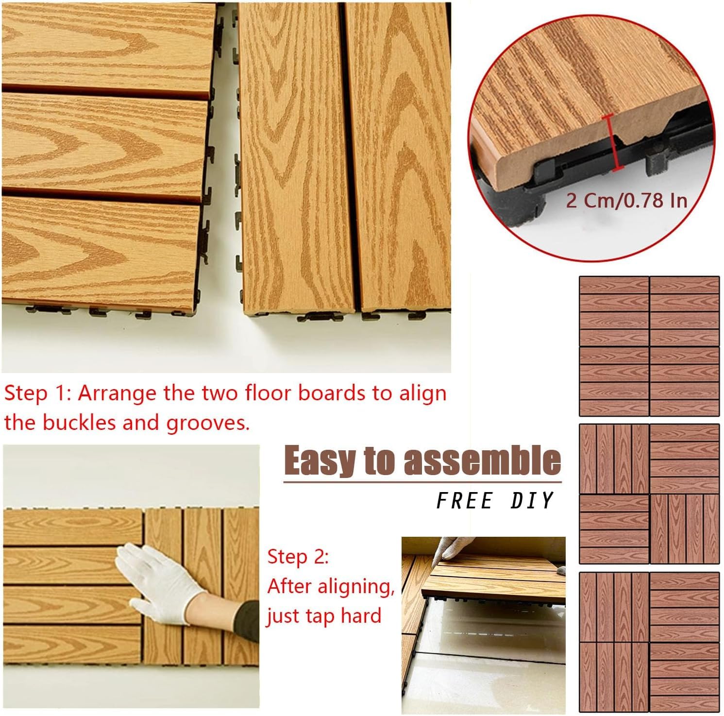 Piastrelle per esterni – legno ad incastro, durevoli e resistenti alle intemperie, motivo goffrato per balcone e patio