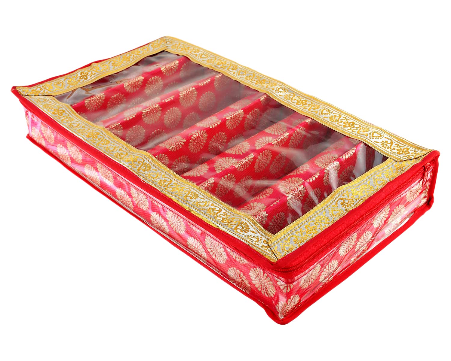 Kuber Industries Multipurpose Ornament Circle Design Laminated 6 Rod Bangle Box/Organizer/Case With Tranasparent Top (Red)-47KM0429