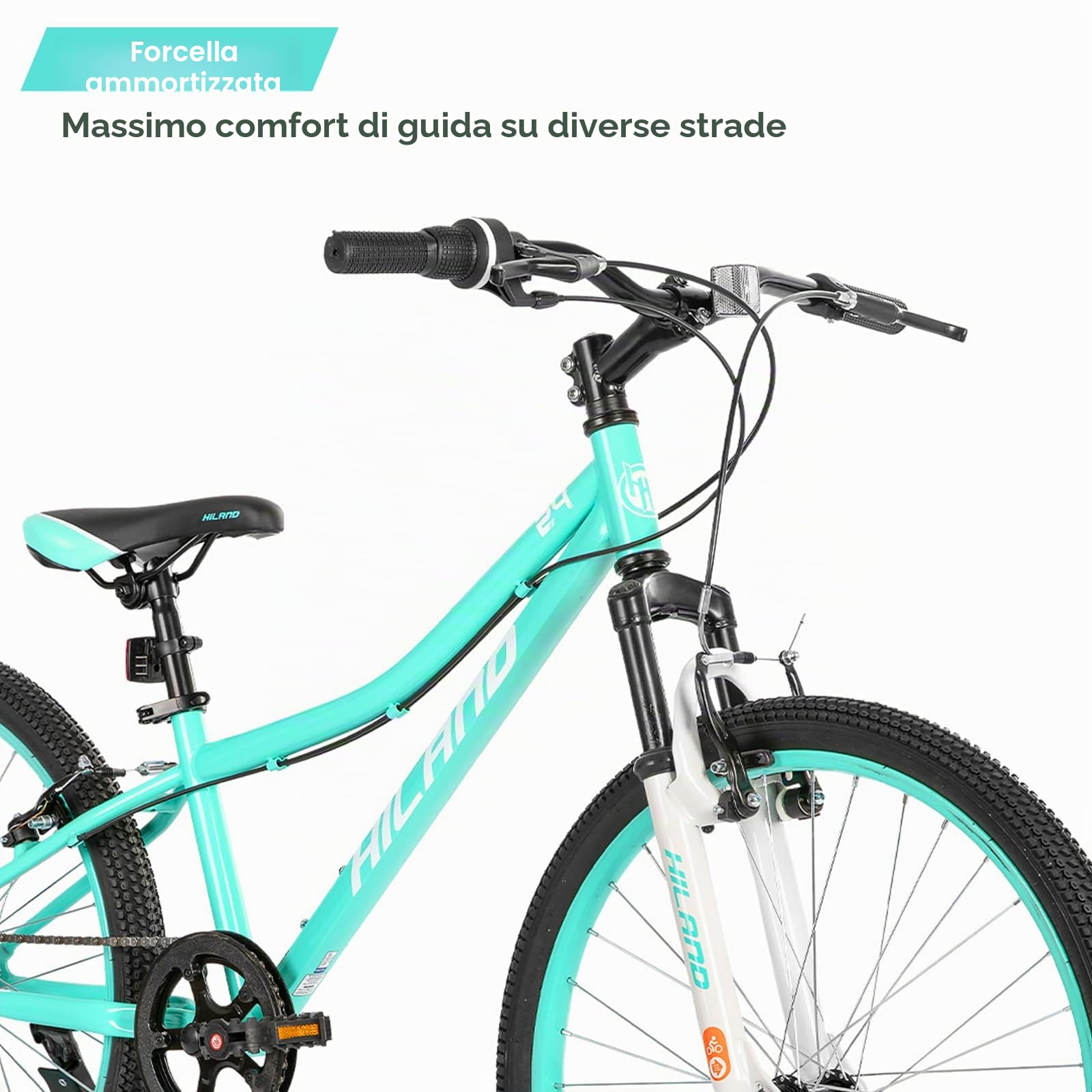 HILAND Climber Bicicletta per Bambini, 24", 7 Marce, Freno a V, Mountain Bike con Forcella Ammortizzata per Ragazzi e Ragazze, blu/verde menta/rosa/nero