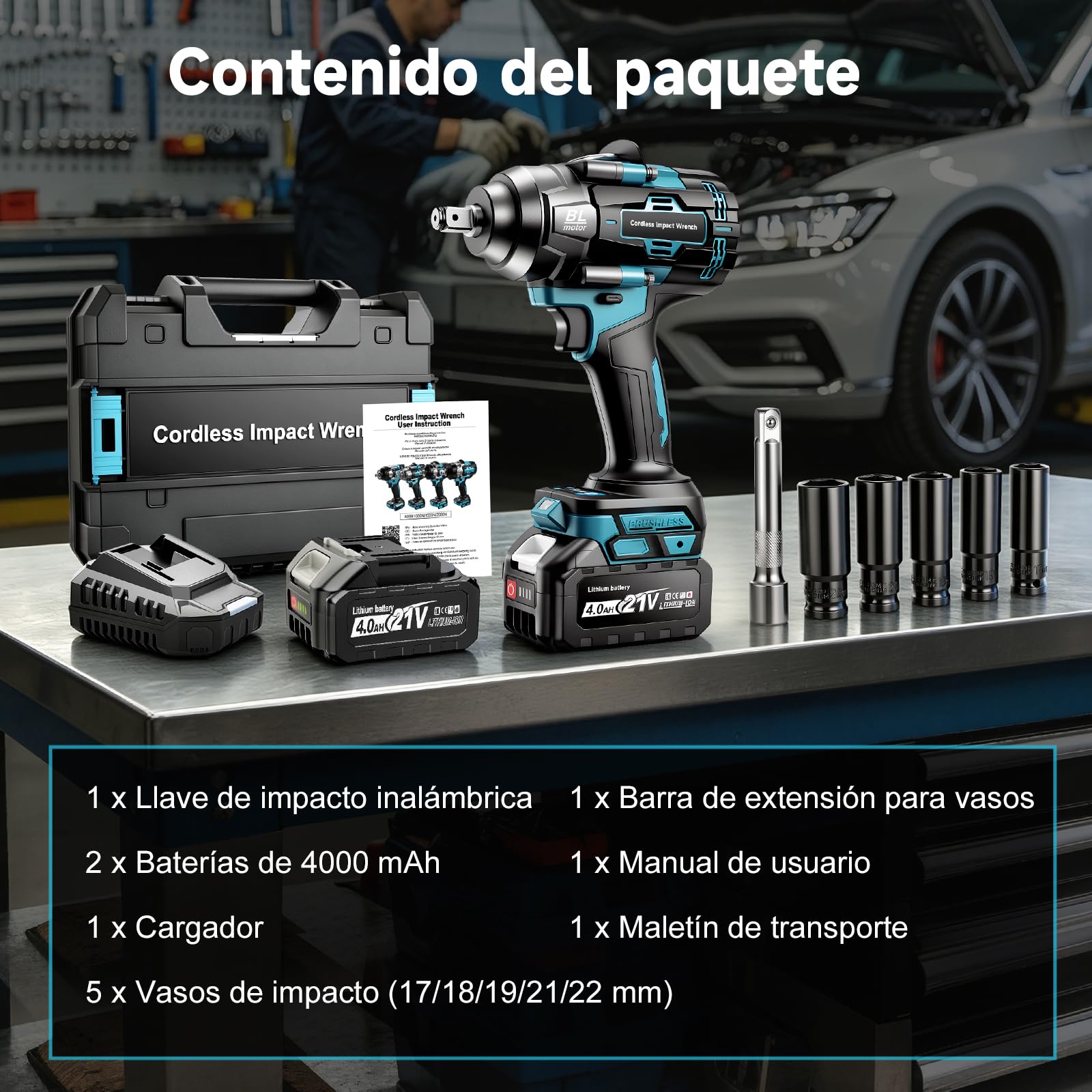 YEARTOP Pistola de Impacto a Batería Aflojado 1200 Nm con 2x 4.0Ah Baterías