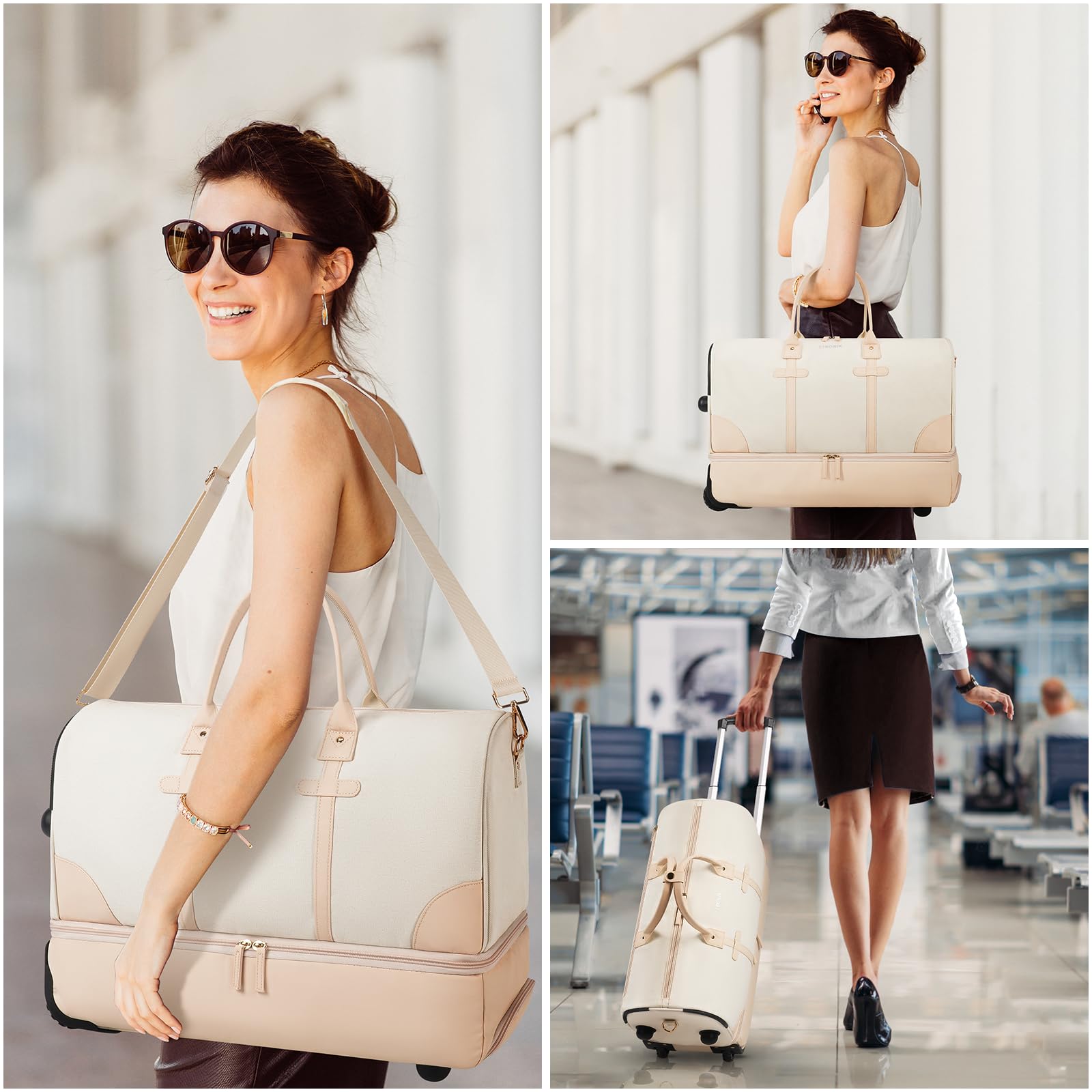 ETRONIK Rolling Duffle Bag with Wheels, 21 Inch Carry on Bag for Airplanes with Shoes Compartment, Canvas Weekender Overnight Bag for Women with Toiletry Bag, Beige