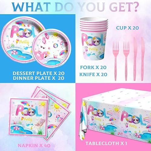 Miniatura 6 de Suministros para fiestas en la piscina, 141 piezas, decoración de mesa rosa para fiesta de piscina, platos de fiesta de piscina, servilletas
