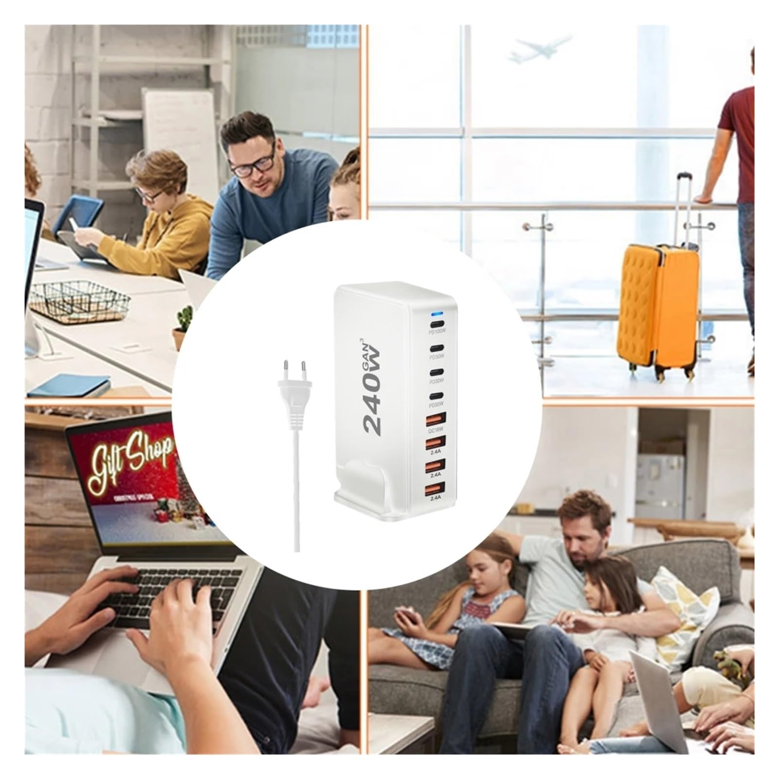 Stacja ładowania USB 240 W Ładowarka biurkowa 8-portowa USB typu C Ładowarka PD Szybkie ładowanie 3.0 USB typu C Szybka ładowarka Mobilna ładowarka USB (Rozmiar: czarny)