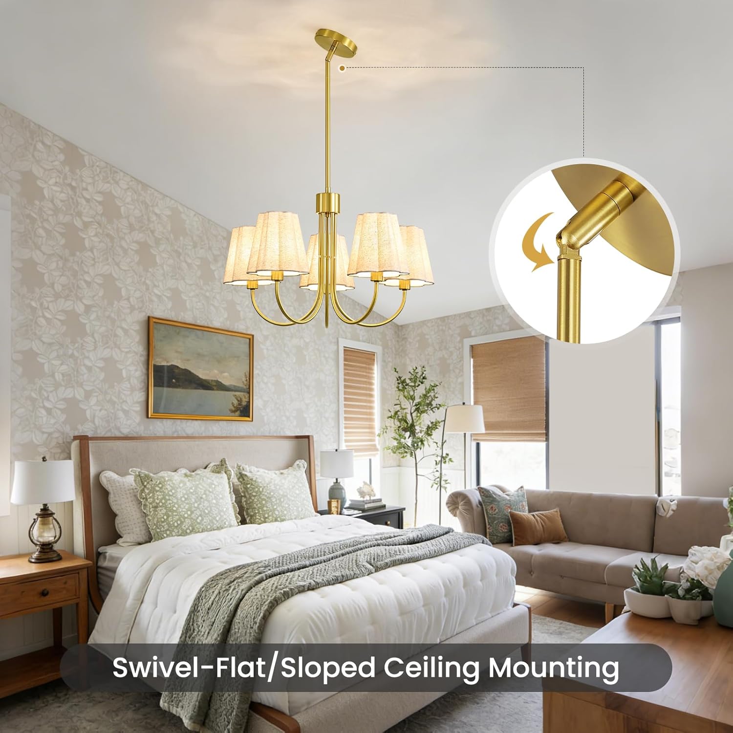Gold 5 Light Chandelier for Dining Room, Fabric Shade Adjustable Hanging Chandelier Lighting Fixture, Modern Classic Ceiling Chandeliers for Kitchen Island Bedroom