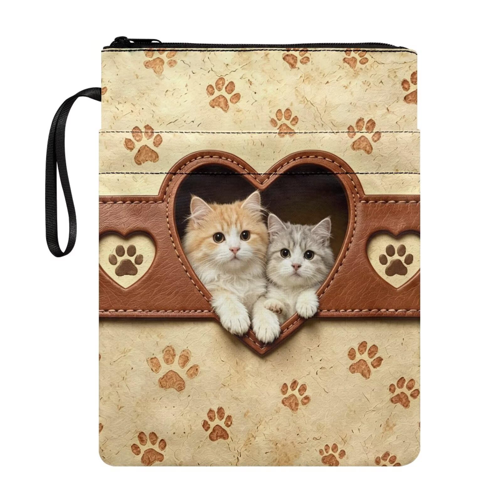 Poceacles Zippered Book Sleeve for Book Lovers, Protective Notebooks Cover Pouch for Hardcover, Paperback, 29 x 22 cm, Cartoon Cat Paw Heart-Shaped Pattern Retro Beige — image 1