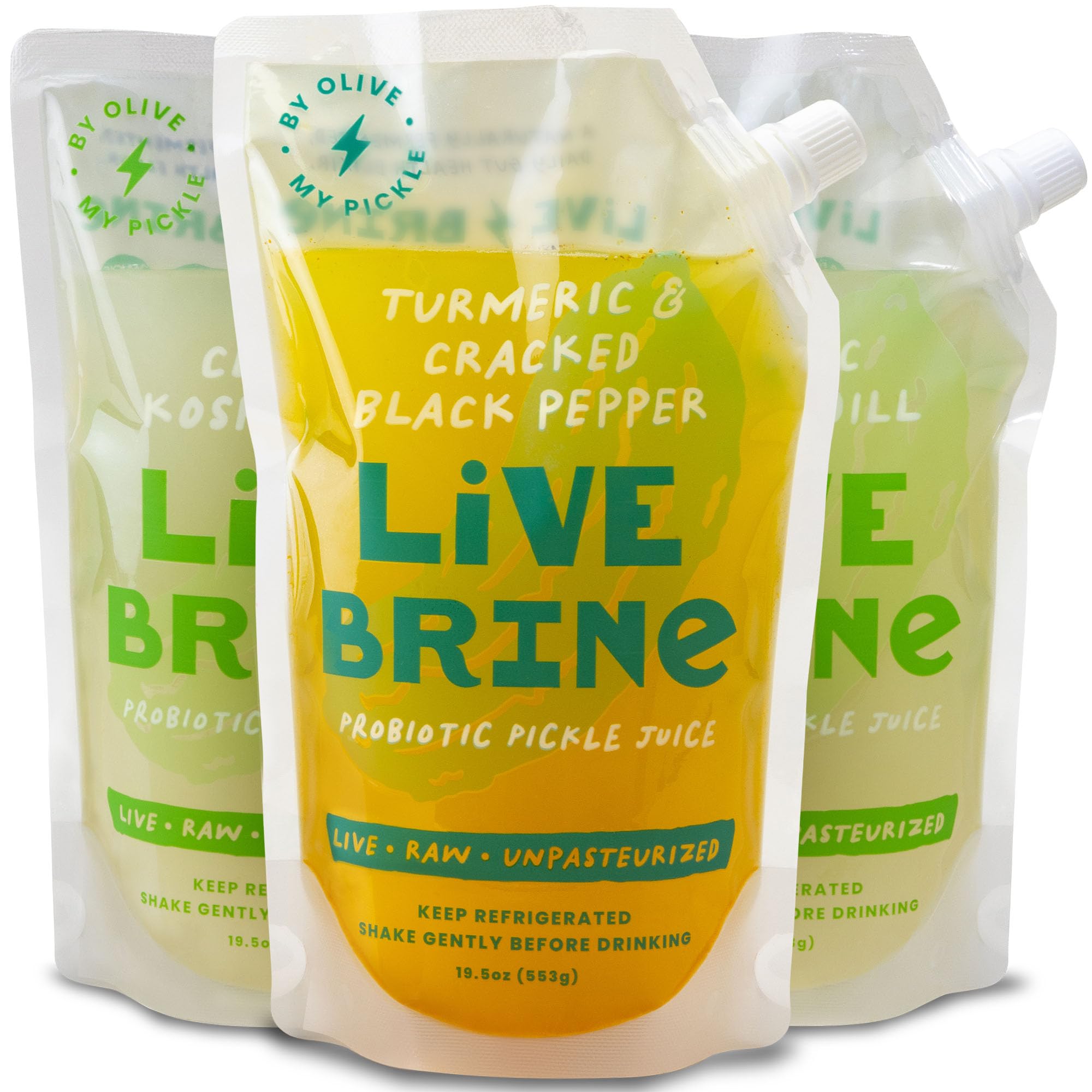 Olive My Pickle Probiotic Dill Pickle Juice for Leg Cramps - 58.5 oz | 3 Pack Dill Pickle Brine Juice with Turmeric & Black Pepper, Probiotic Pickle Shots & Digestive Enzymes - 39 Pickle Juice Shots