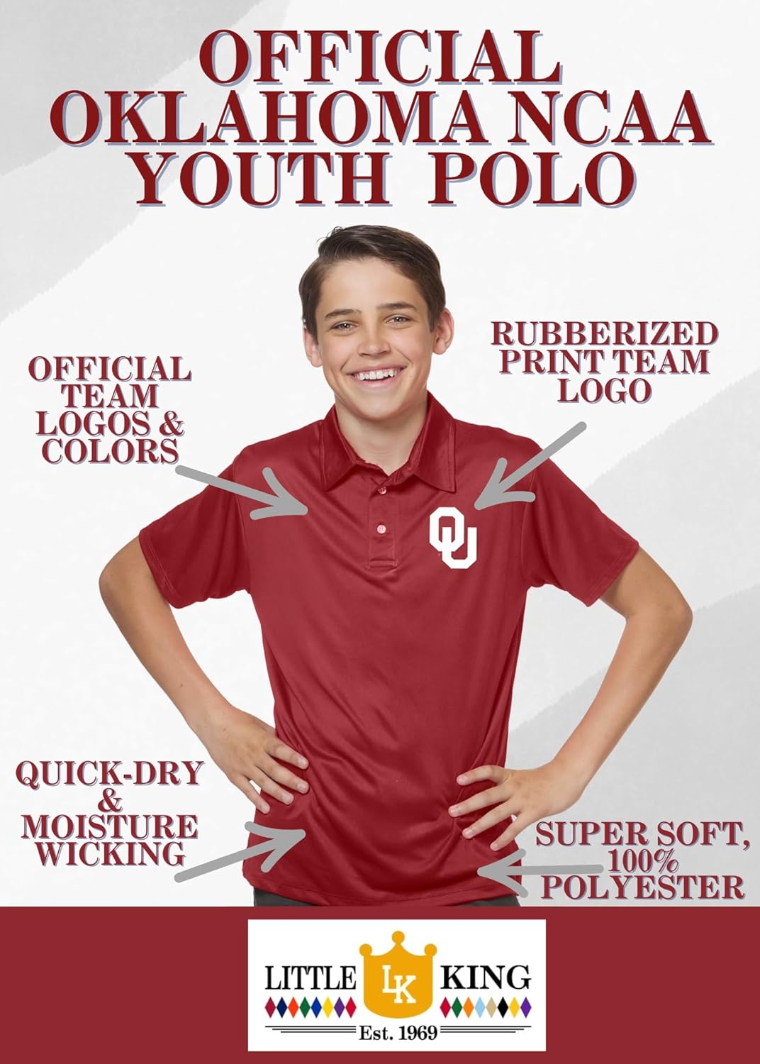 Little King NCAA Youth Boys Polo Shirt-Polyester- Team Colors-Sizes YS YM YL YXL