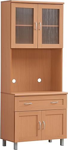 HODEDAH IMPORT - Armario de cocina alto con espacio cerrado superior e inferior, 1 cajón, gran espacio abierto para microondas en haya