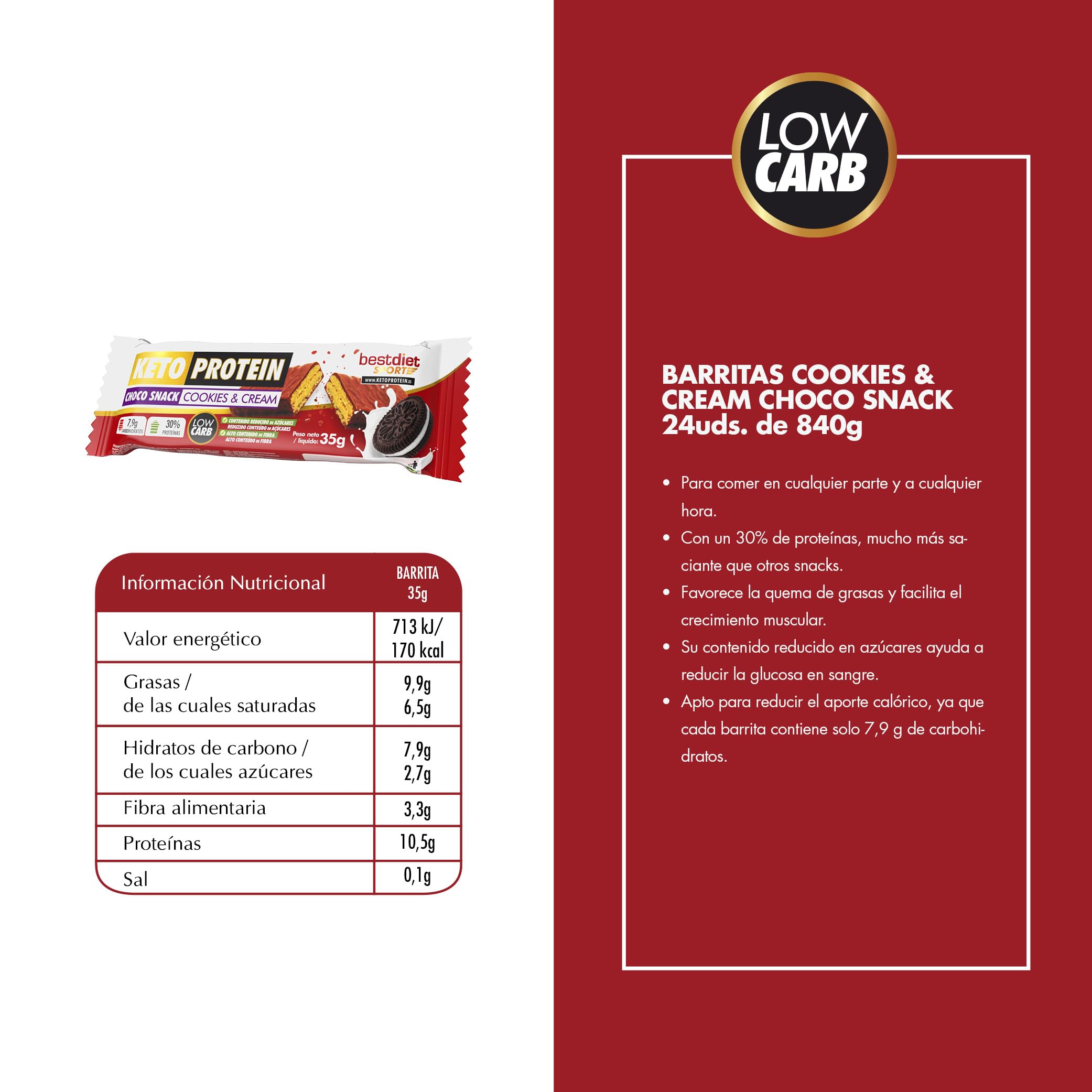 Barritas Proteina de Cookies & Cream 24 Uds - Barritas Energeticas Choco Snack - Snack Proteico Sabor Cookies & Cream, Bajo en Carbohidratos - Ideal Dieta Keto y Fitness – Bestdiet