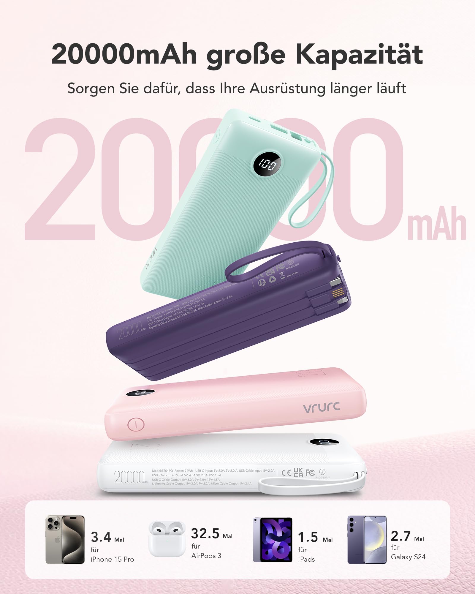 VRURC Powerbank 22.5W Schnelles Aufladen, 20000mAh Power Bank mit Kabel Tragbares Ladegerät USB C LED Display Externer Handyakkus Smartphone Kompatibel mit iPhone, Huawei, Samsung usw - Rosa