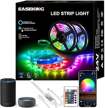 50ft WiFi LED Strip Lights - Music Sync RGB Color Changing for Bedroom WiFi APP for Controlling Decorative for Party, Christmas, Wedding for Indoor WiFi Smart