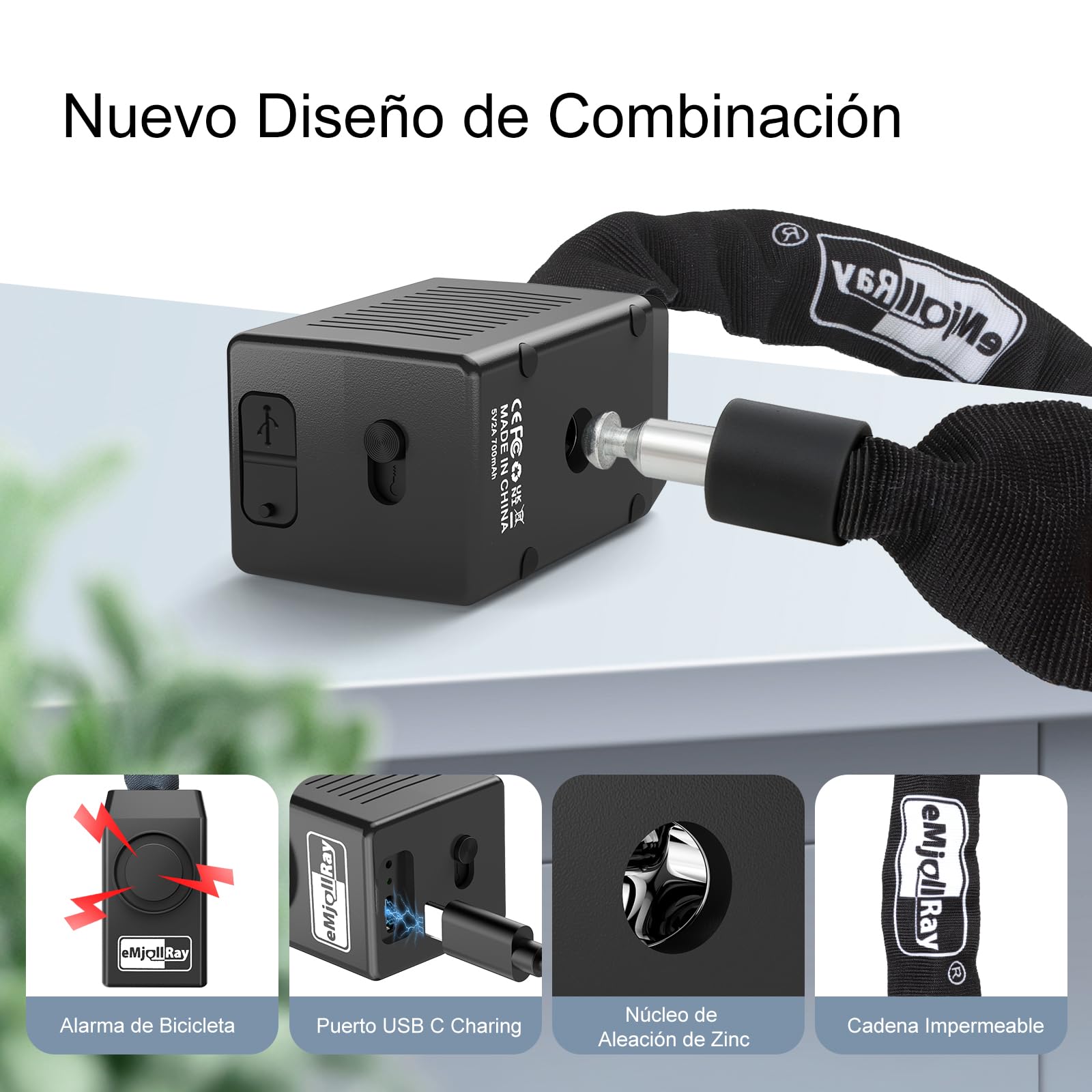 Candado de bicicleta con alarma de 120 cm, 110 dB, sistema de alarma para bicicleta eléctrica, motocicleta, candado con 2 mandos a distancia, 3 llaves, cable USB C, funda de silicona, funda