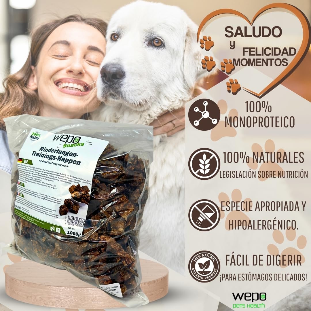WEPO Golosinas para perros – 1 kg de pulmón de vacuno seco – aperitivos saludables – Dog Treats – Saludable y fabricado en el Reino Unido – Suministra proteínas, vitaminas y