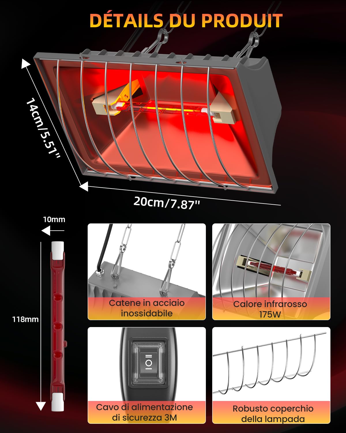 GlowUp Lampada di Calore per Polli 275W, Include 1x 175W R7S Lampadina di Calore Infrare, Lampada di Calore per Pollame per Cuccioli, Pollo Broder, Anatro, Maiali, Agnelli (Grigio)