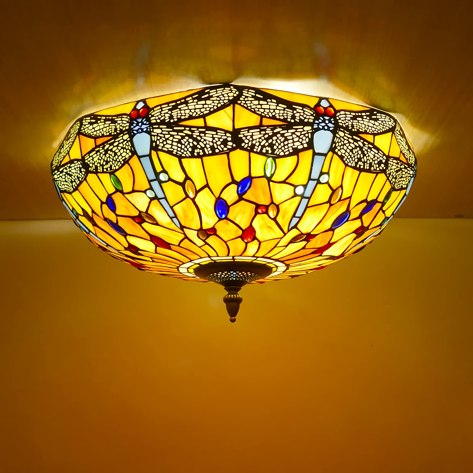 Tiffany Dragonfly Flush Mount Ceiling Light Fixtures, Dimmable Stained Glass Shade LED Ceiling Lamp, Modern Retro Style Chandelier Pendan Lighting for Living Room Bedroom Hallway,Orange,50cm Thriving