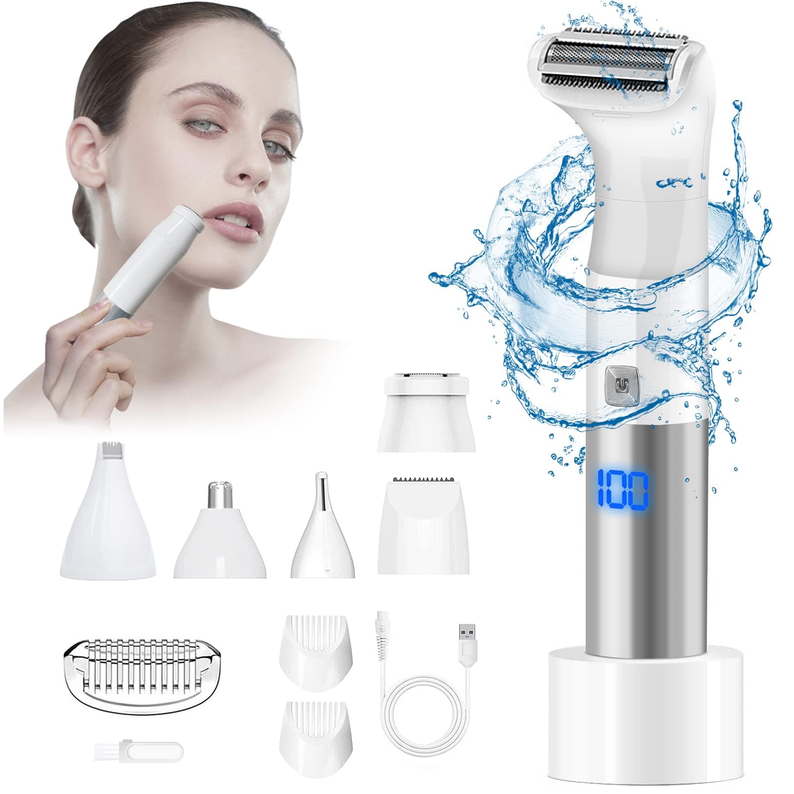 Azonee Electric Razor Kit for Women, Multi-Functional Bikini Trimmer for Women Pubic Hair Nose Eyebrow Face Legs Portable Womens Shaver Cordless 6 in 1 Women's Grooming Set