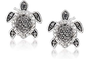 Sterling Silver Black and White Diamond Turtle Earrings