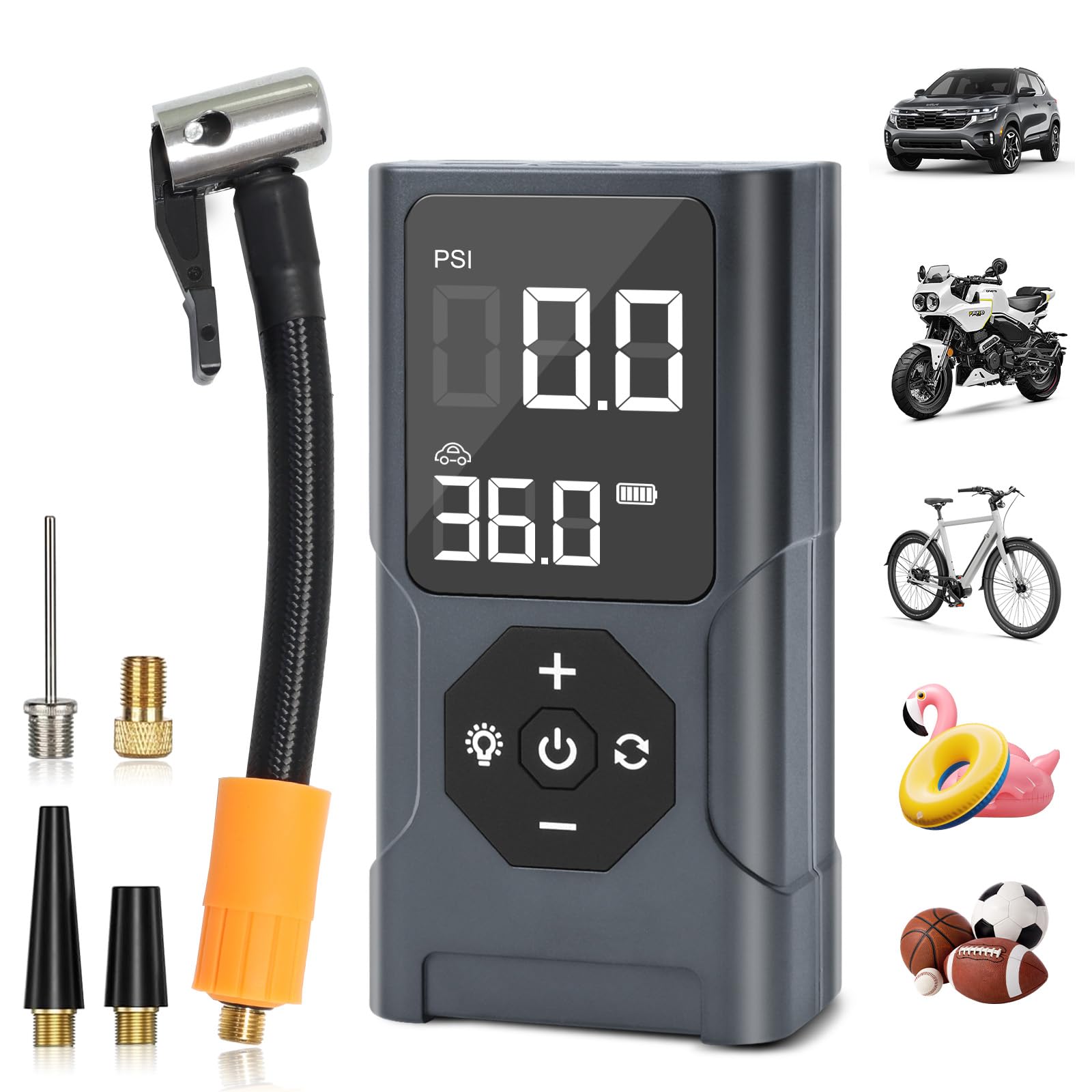 EFaith Compresseur À Air Portatif, gonfleur pneus voiture, Pompe À Velo Gonfleur Electrique, Gonfleur Pneu Sans Fil avec Batterie 3600mAh & 12V DC, LED et Arrêt Automatique Pour Voiture Vél Basket-bal