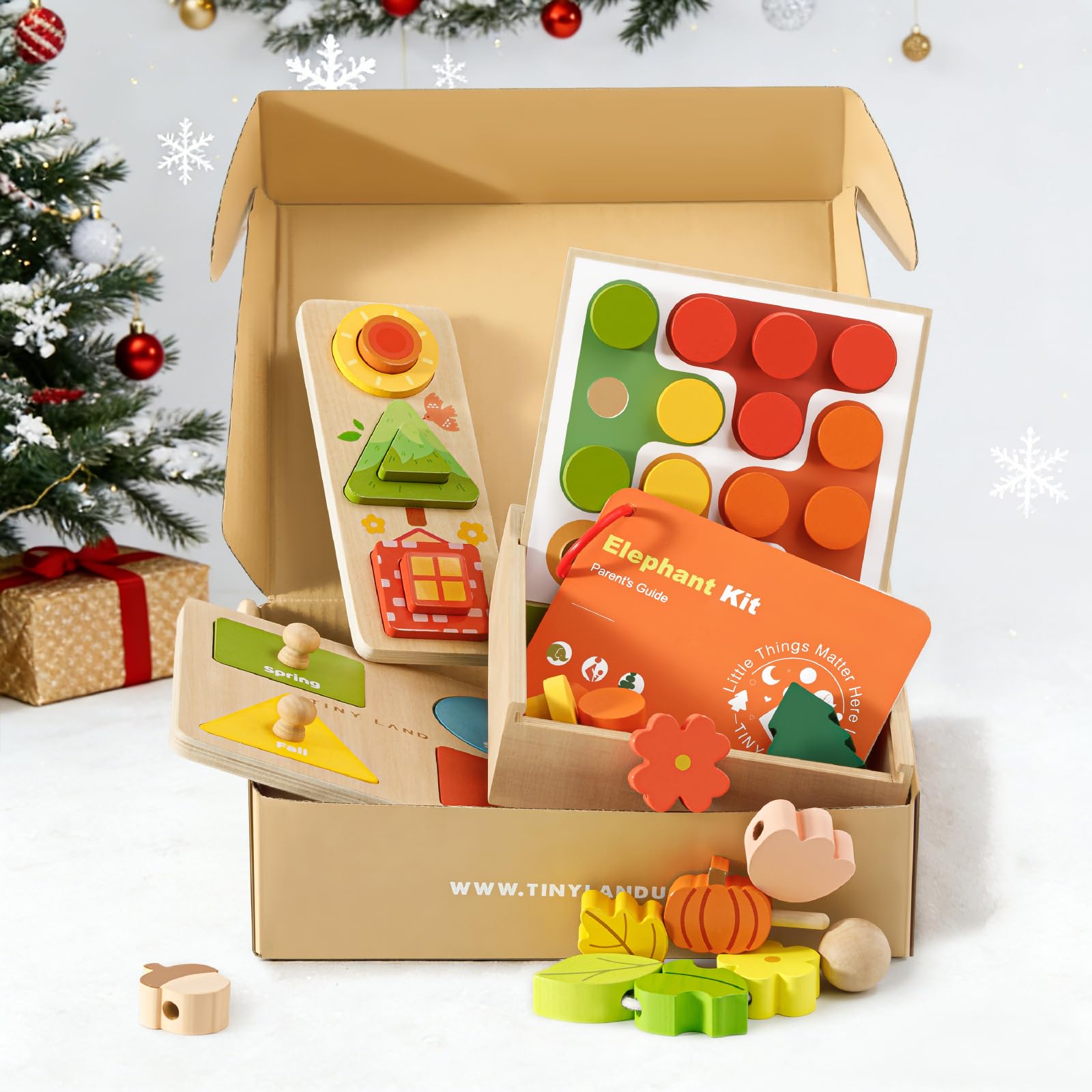 Tiny Land Montessori Toy Set for Babies 18-24 Months Investigator Play Kit- 4-in-1 Wooden Learning Toys with Color Sorting, Lacing Beads, Shape Matching, and Seasons Puzzles