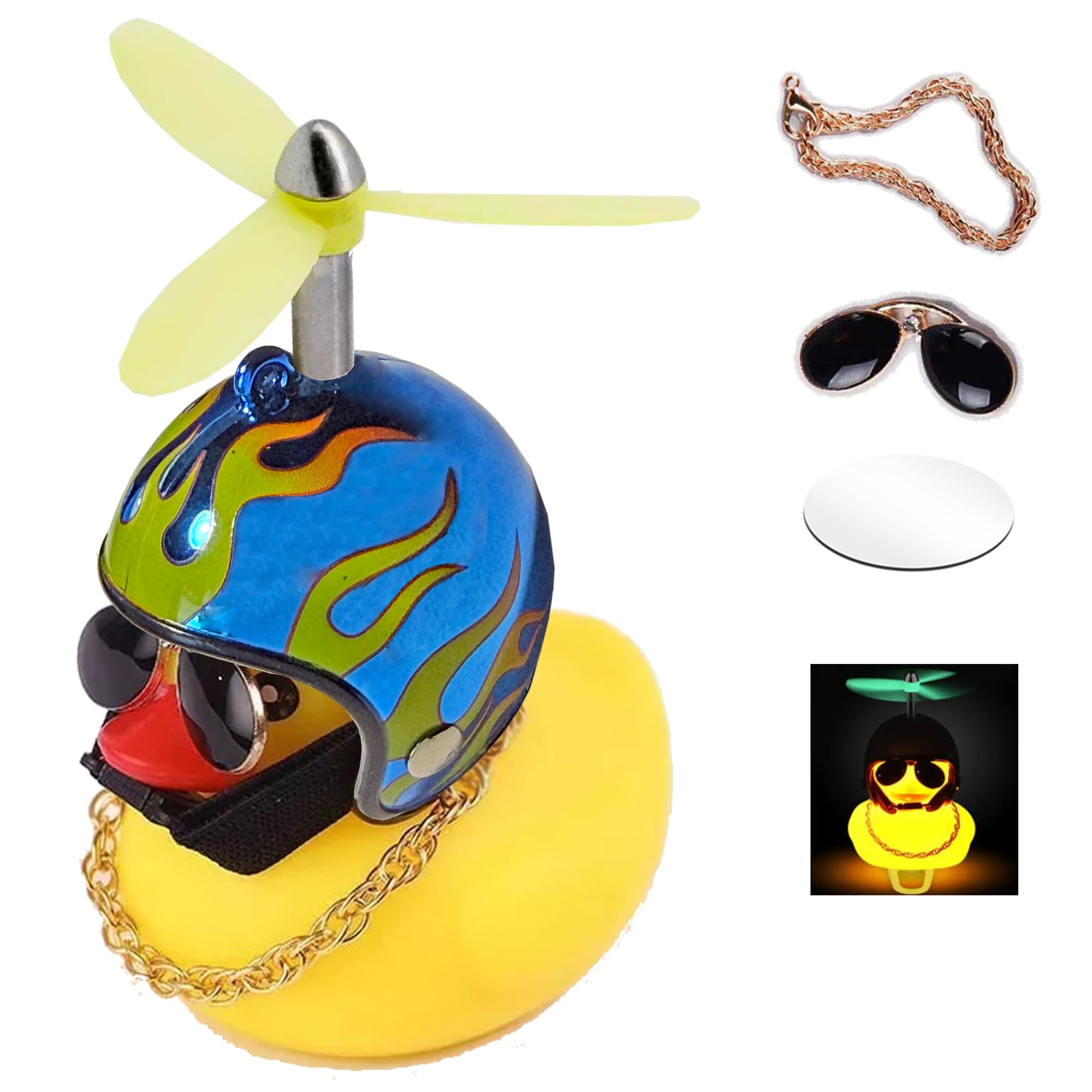ACEDOAMARE Duck Bike Bell, Cute Rubber Yellow Duck Bicycle Accessories LED Light Propeller Cool Flame Mirror Helmet Squeeze Horns for Cycling Motorcycle Handlebar Bicycle (Mirror blue&Luminous fan)