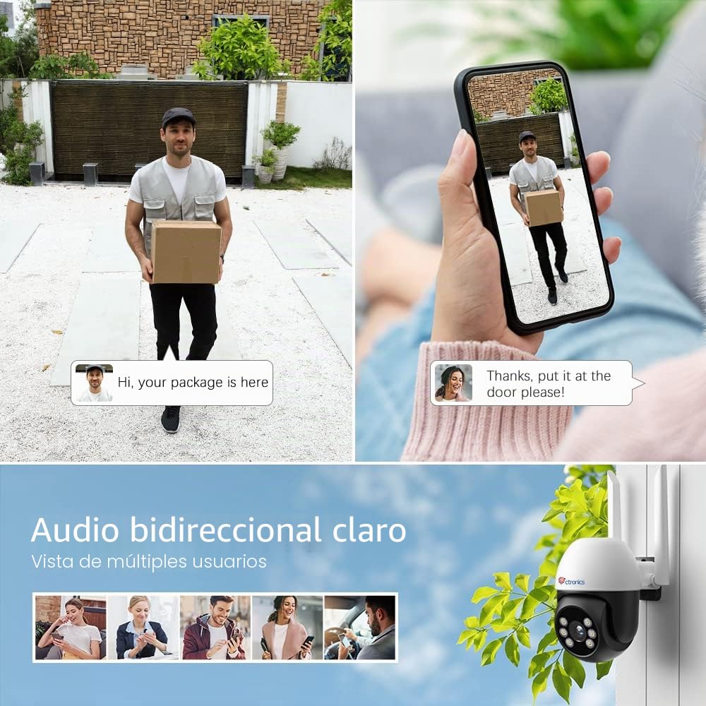 Ctronics Kit Camara Vigilancia WiFi Exterior, PTZ Camara de Vigilancia con Visión Nocturna en Color, Detección de Personas Seguimiento Automático, 24/7 Grabación Continua, Audio Bidireccional