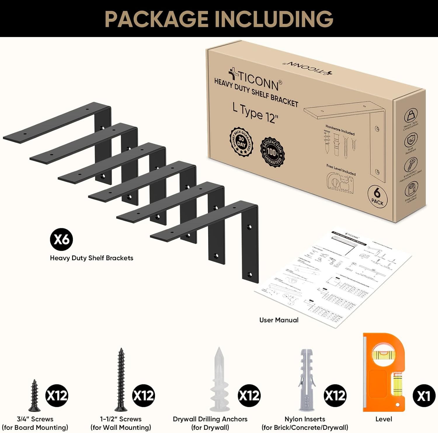 TICONN 13/64'' L Shape Shelf Bracket, Metal Shelf Brackets Heavy Duty for Room, Home, Office, Garage (12", 6 Pack)