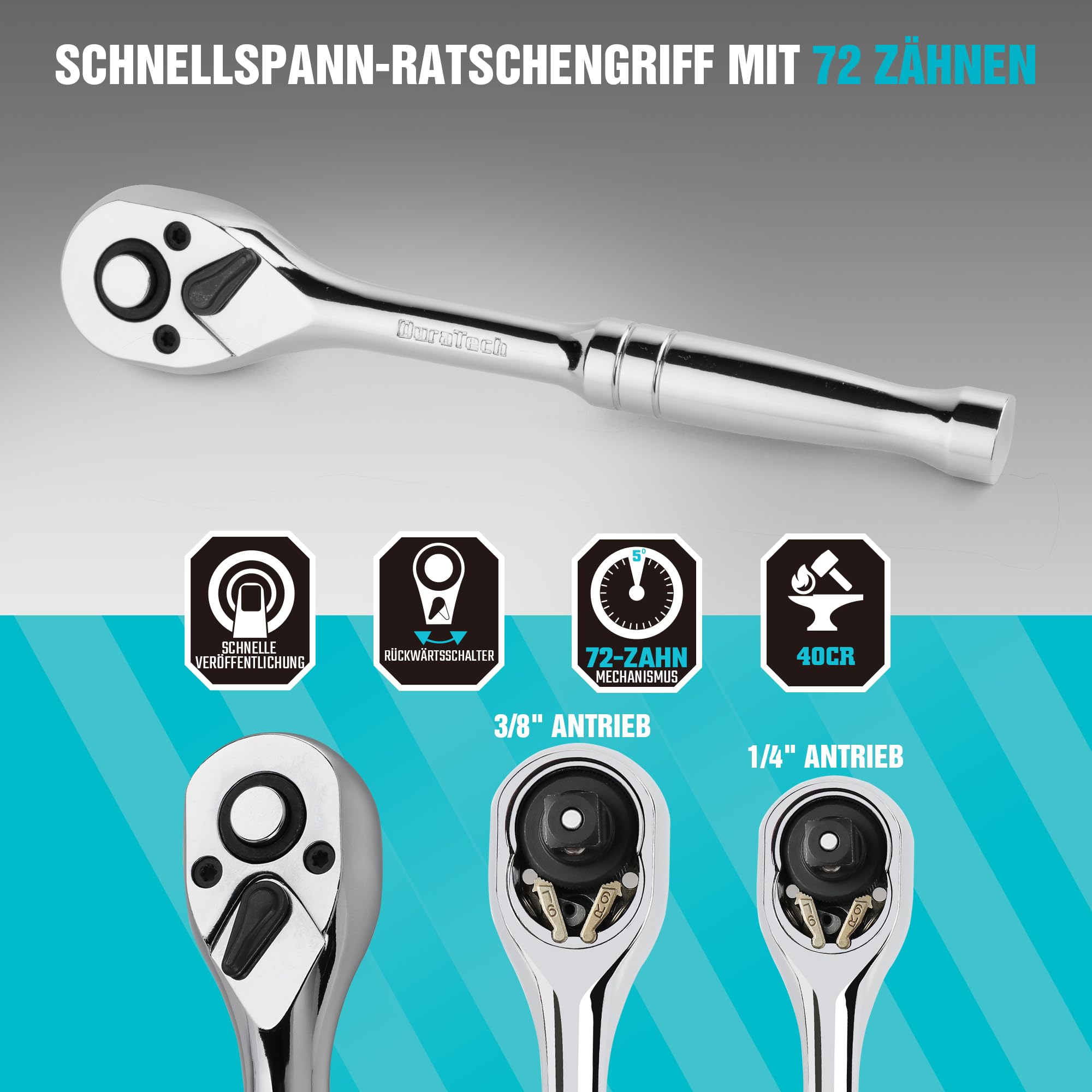 DURATECH Steckschlüsselsatz 121-teilig, Knarrenkasten Steckschlüssel Set | Ratschenkasten mit 1/4” und 3/8” Umschaltknarre, Innensechskantschlüssel,Bits, Stecknüsse, Chrom-Vanadium-Stahl, inkl. Koffer