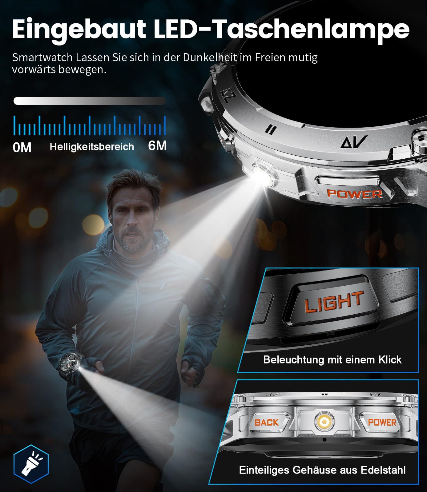 LIGE Smartwatch Uomo Militare, 1.43'' AMOLED Orologio Smartwatch Uomo con Torcia LED, 530mAh, IP68 Impermeabile, 120+ Modalità Sportive, Cardiofrequenzimetro Sonno Contapassi per Android iOS