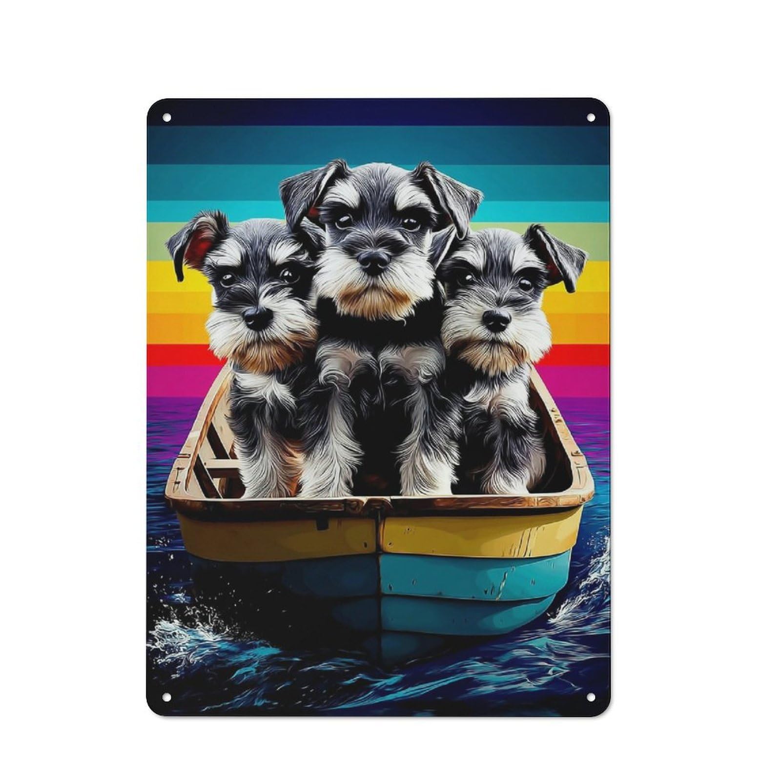 Junmoney Colorful Puppies In Boat Retro Tin Wall Plaque 40X30cm For Garage Or Workshop, A Metal Wall Feature For Garages And Tool Rooms