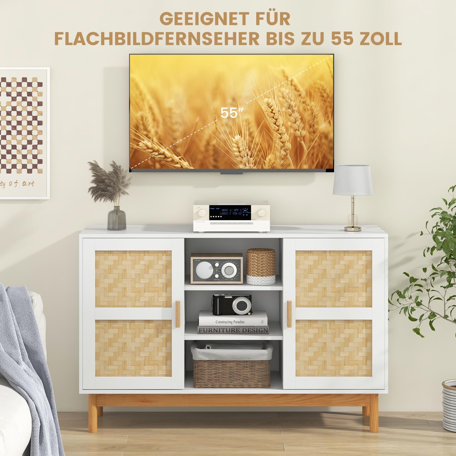 COSTWAY Szafka bufetowa i kredens kuchenny, 120 x 35 x 78 cm, biała i naturalna, 2 drzwi bambusowe, 3 otwarte półki
