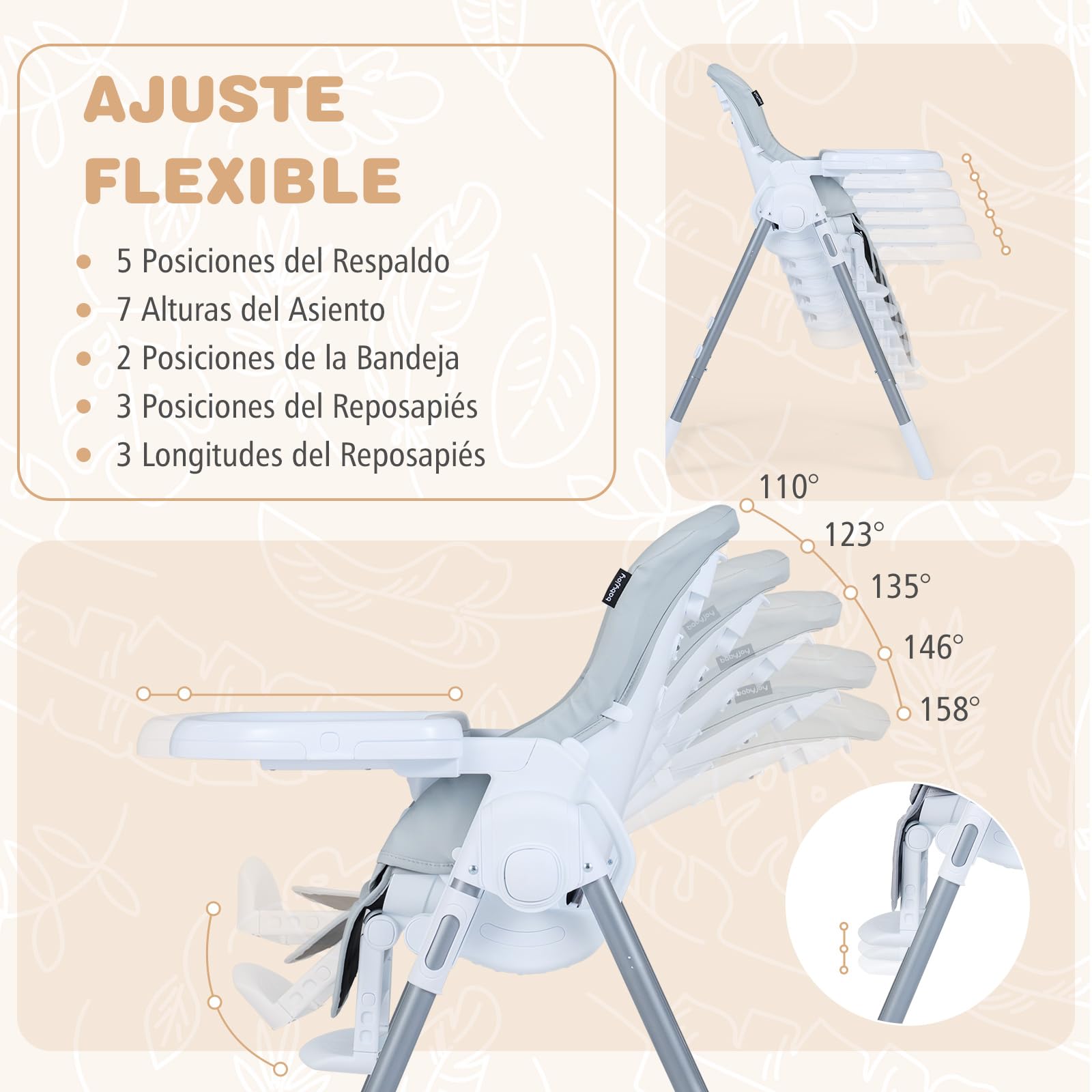COSTWAY Trona Evolutiva Bebe, Trona Plegable para Bebés, Silla Alta Evolutiva con Altura Ajustable, Respaldo Reclinable, Reposapiés, Arnés de Seguridad, Doble Bandeja, Ruedas (Gris Claro)