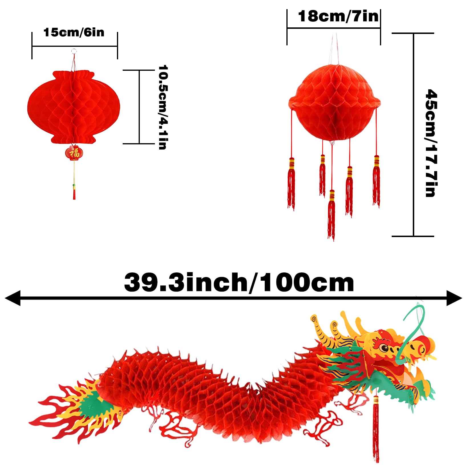 Cokacot 2PCS 3D New Year Dragon Garland Decoration with Ball & 10PCS Red Plastic Lanterns Chinese New Year Decoration Home Ceiling Hanging Ornaments