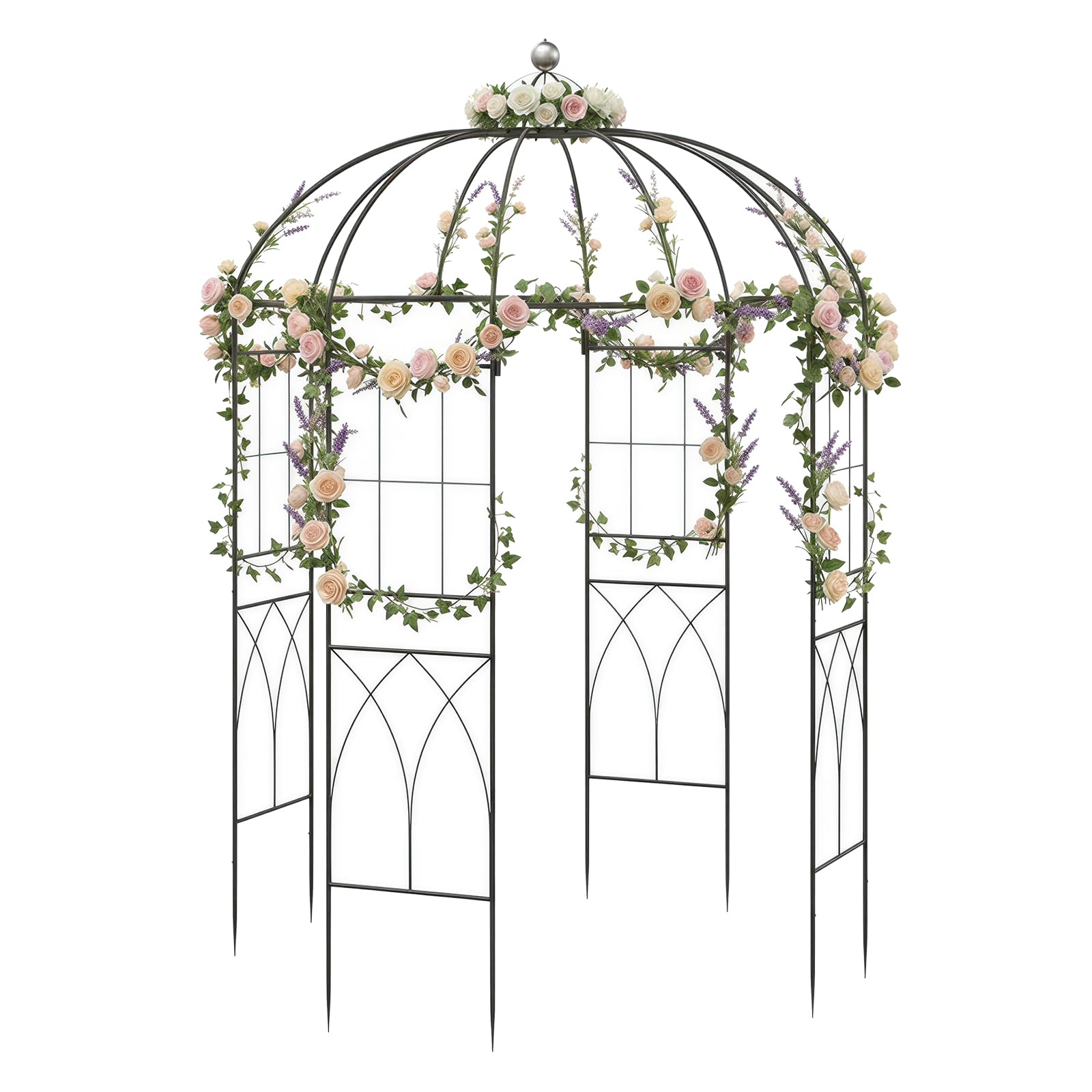 GYMAX Arche de Jardin Rosier en Forme de Cage à Oiseaux, Tonnelle en Métal pour Plantes Grimpantes, Treillis Verticaux, Cadre Métallique Robuste, Décoration pour Repas, Fête, Mariage, 203 x 296 cm