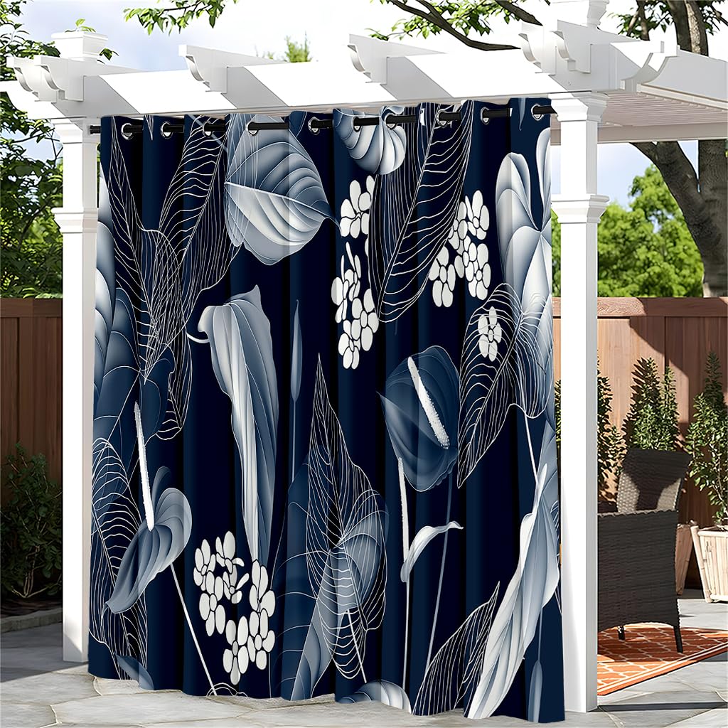 Hiseng Outdoor Curtains Waterproof, 1 Panel Pergola Curtains Eyelet Top - 3D Leaf Curtain Thick Privacy Thermal Insulated Sunshade Curtains for Garden Gazebo Patio Porch (132x243cm,Blue Leaf)