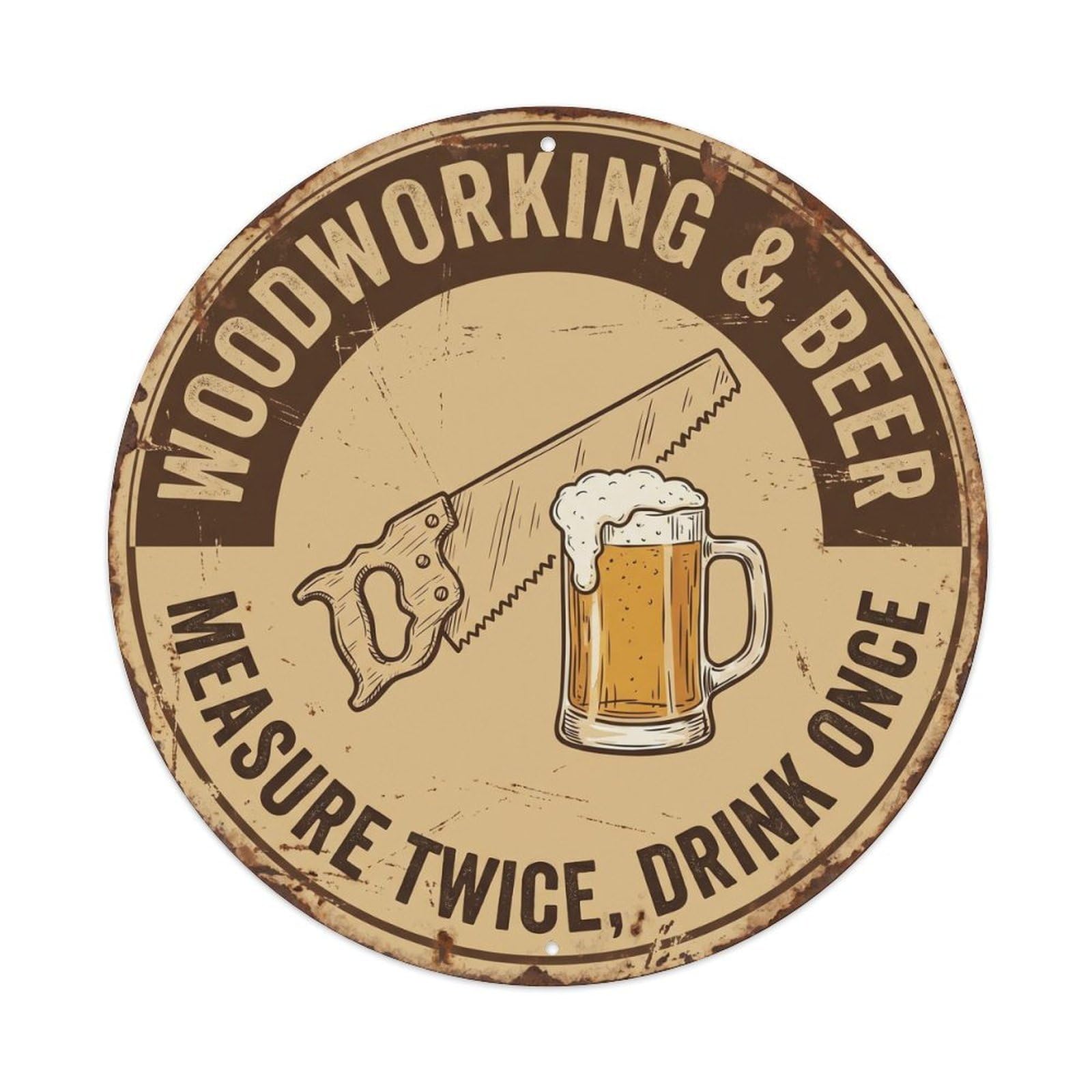 Retro Bar Style Woodwork Crafted Workshop Beer Metal Tin Sign Plaque Wall Decor for Cafe, Club, Garden Round Metal Poster 8x8Inch