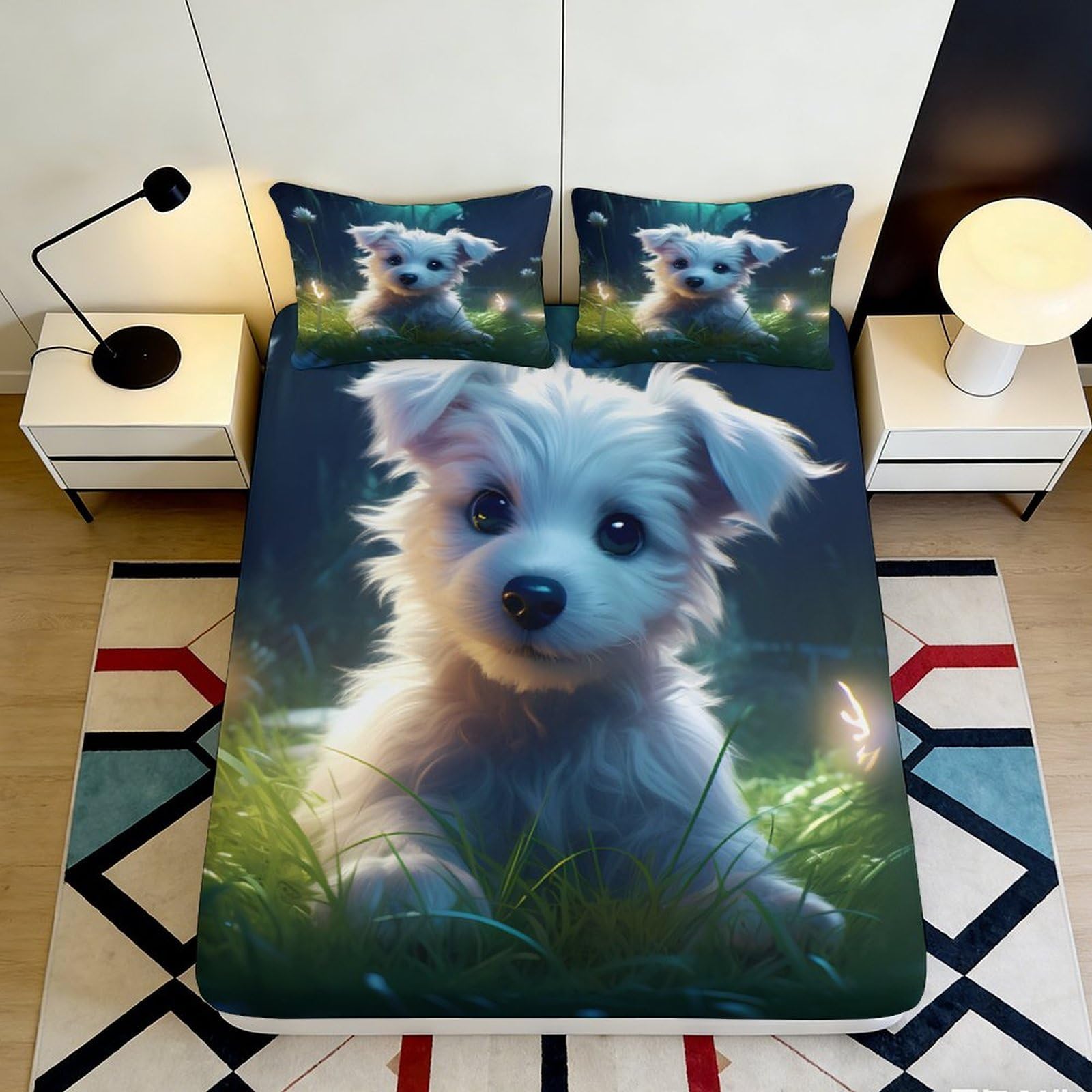 3D Printed White Puppy Fitted Sheet Microfiber Soft Breathable Grass Field Mattress Cover for Bedroom Dorm Mattress Decor 200x200x25cm