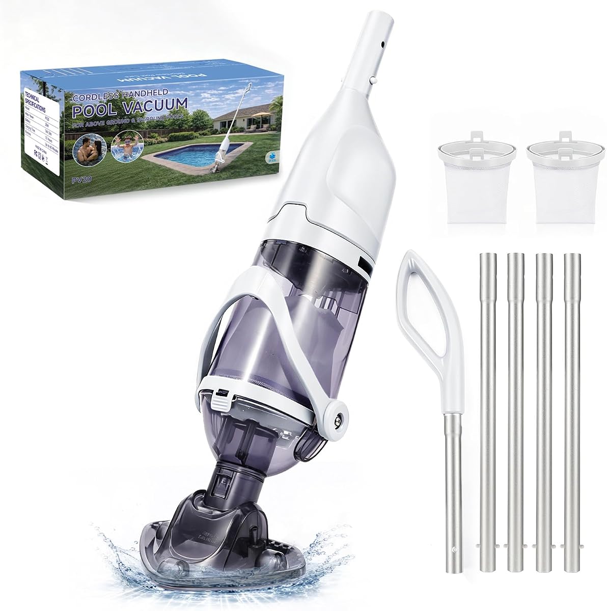 Cordless Handheld Pool Vacuum for Above Ground Pool, Rechargeable Small Pool Vacuum with Telescopic Pole, 60 Min Runtime, 14.1 GPM Suction, for Hot Tub, Spa & Small Pools, White