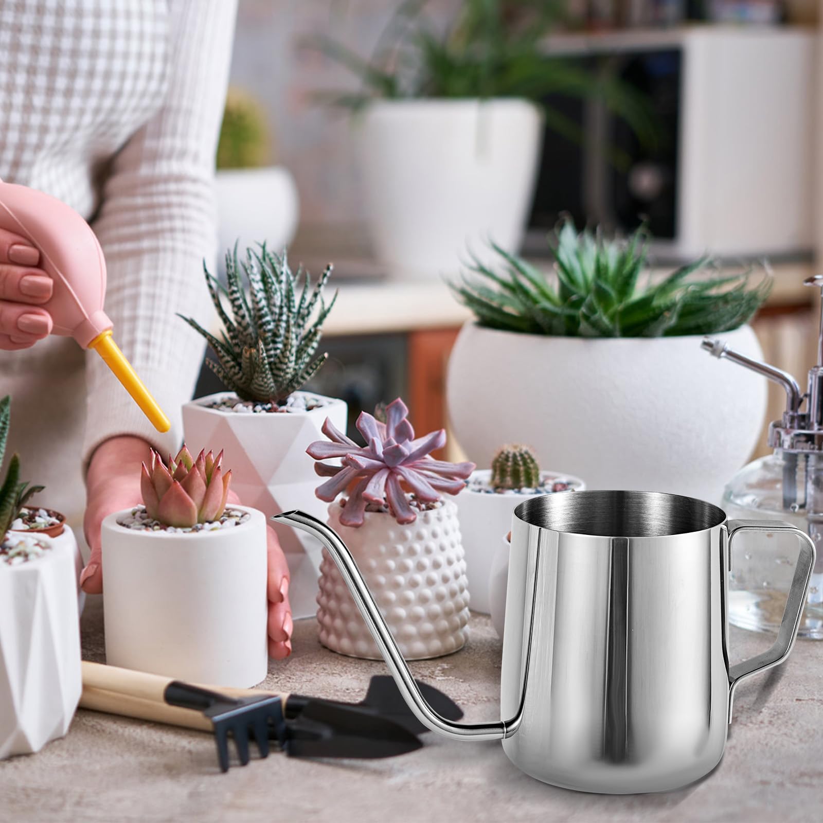 Gosknor Konewka do Roślin, 12oz/350ml Stal Nierdzewna Doniczka do Podlewania Roślin Mała Konewka z Długim Dzióbkiem do Wewnątrz i na Zewnątrz do Ogrodu Kwiatów Bonsai (Srebrna)