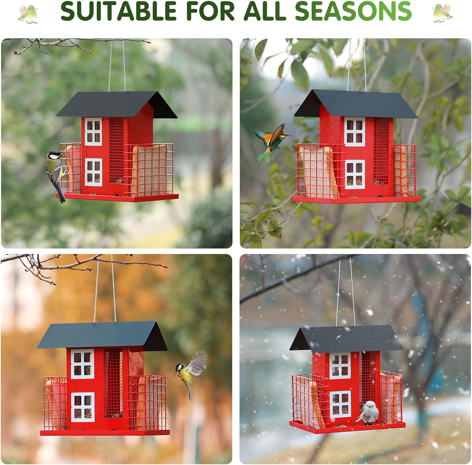 Metal Bird Feeders for Outdoors Hanging with 2 Suet Cage Cake Squirrel Proof Hanging Suet Feeder Large Capacity Wild Bird Feeder Easy Clean&Anti-Rust Attracting Birdhouse Red - Image 6