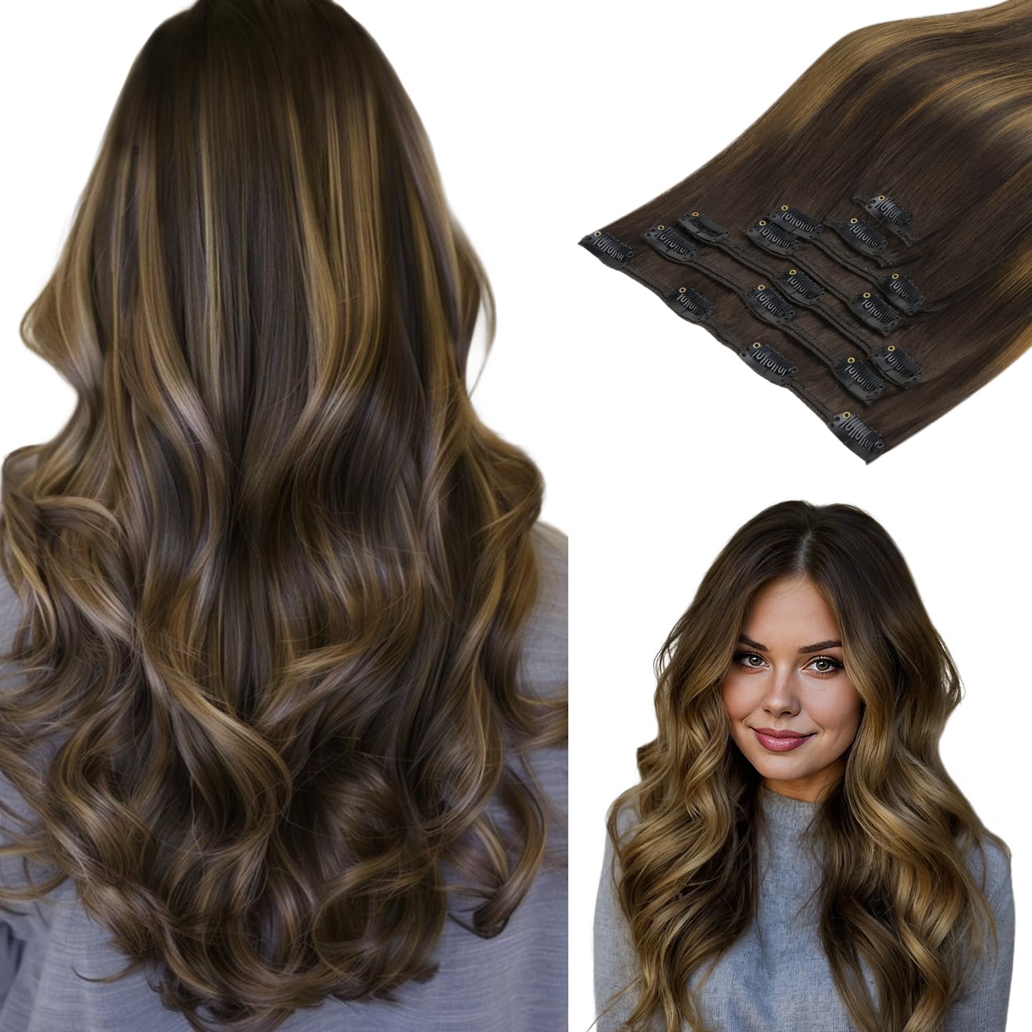 hotbanana Clip In Extensions Echthaar, Balayage Dunkel Braun to Chestnut Braun 40cm 120g 7 Stück Unsichtbar Clip In Echthaar Extensions Günstig Haarverlängerung Glatt Remy Hair Extensions 16 Zoll