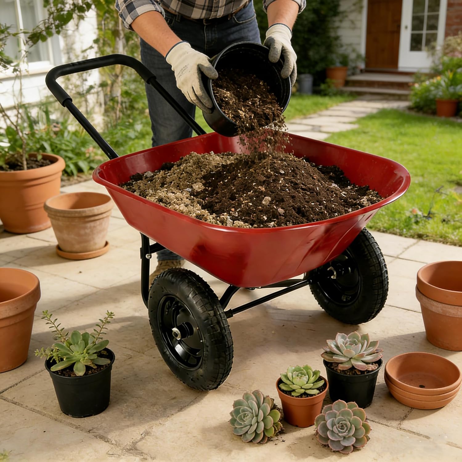 ERGOMASTER Dual-Wheel Wheelbarrow, Home Utility Garden Cart, Large Heavy Duty Yard Cart for Gardening (Red)