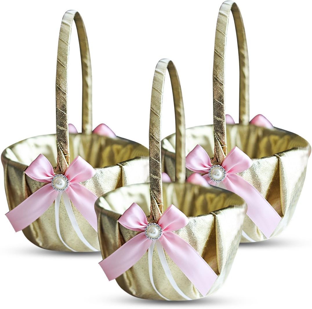 Gold & Pink Wedding Ring Bearer Pillow and Flower Girl Basket Set – Satin & Ribbons – Pairs Well with Most Dresses & Themes – Splendour Every Wedding Deserves