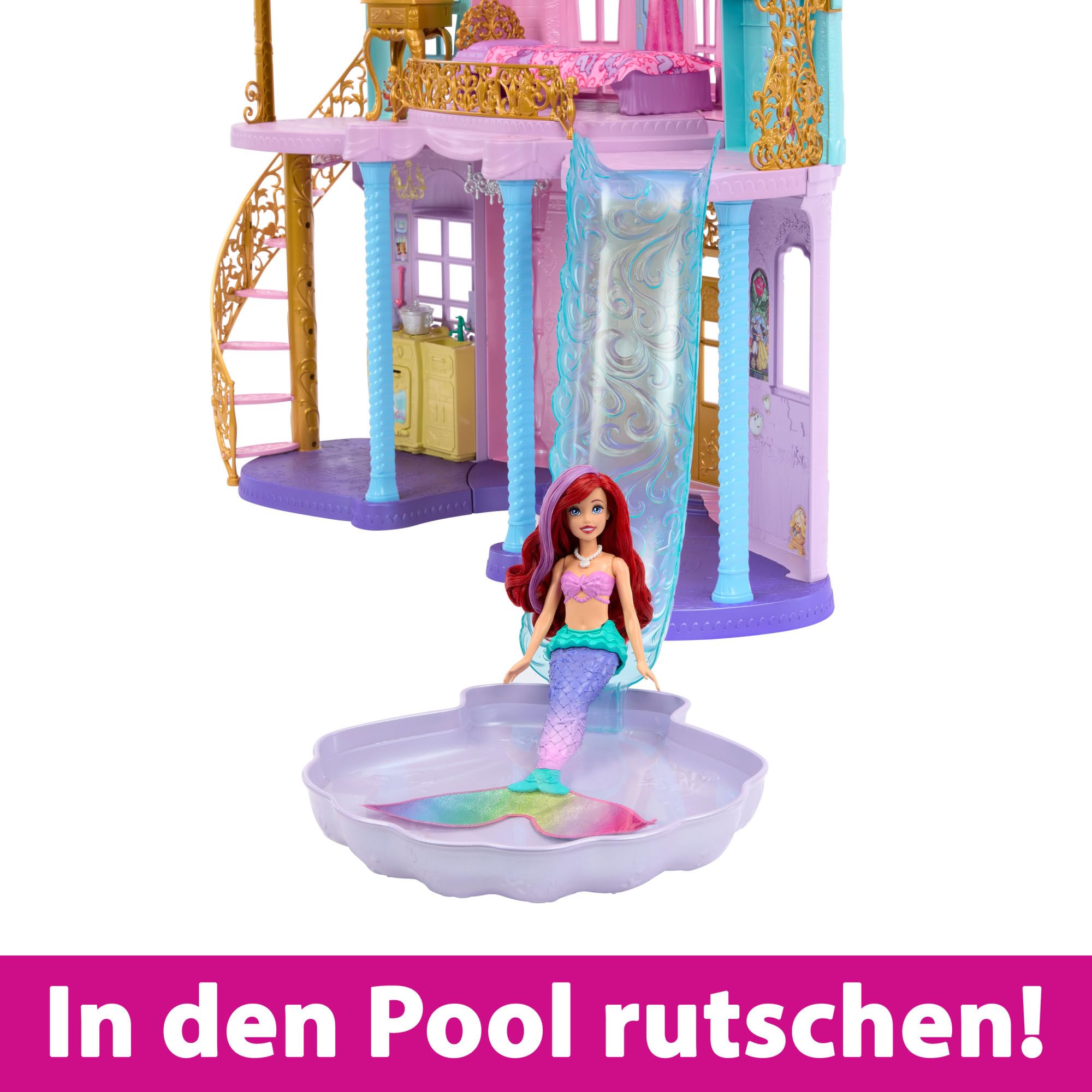 Mattel Disney Prinzessin Puppenhaus, Magisches Schloss, 3 Etagen, 10 Spielbereiche, mit Licht und Geräuscheffekten, inkl. 28 Zubehörteilen, Disney Geschenke, Spielzeug ab 3 Jahre, HLW29